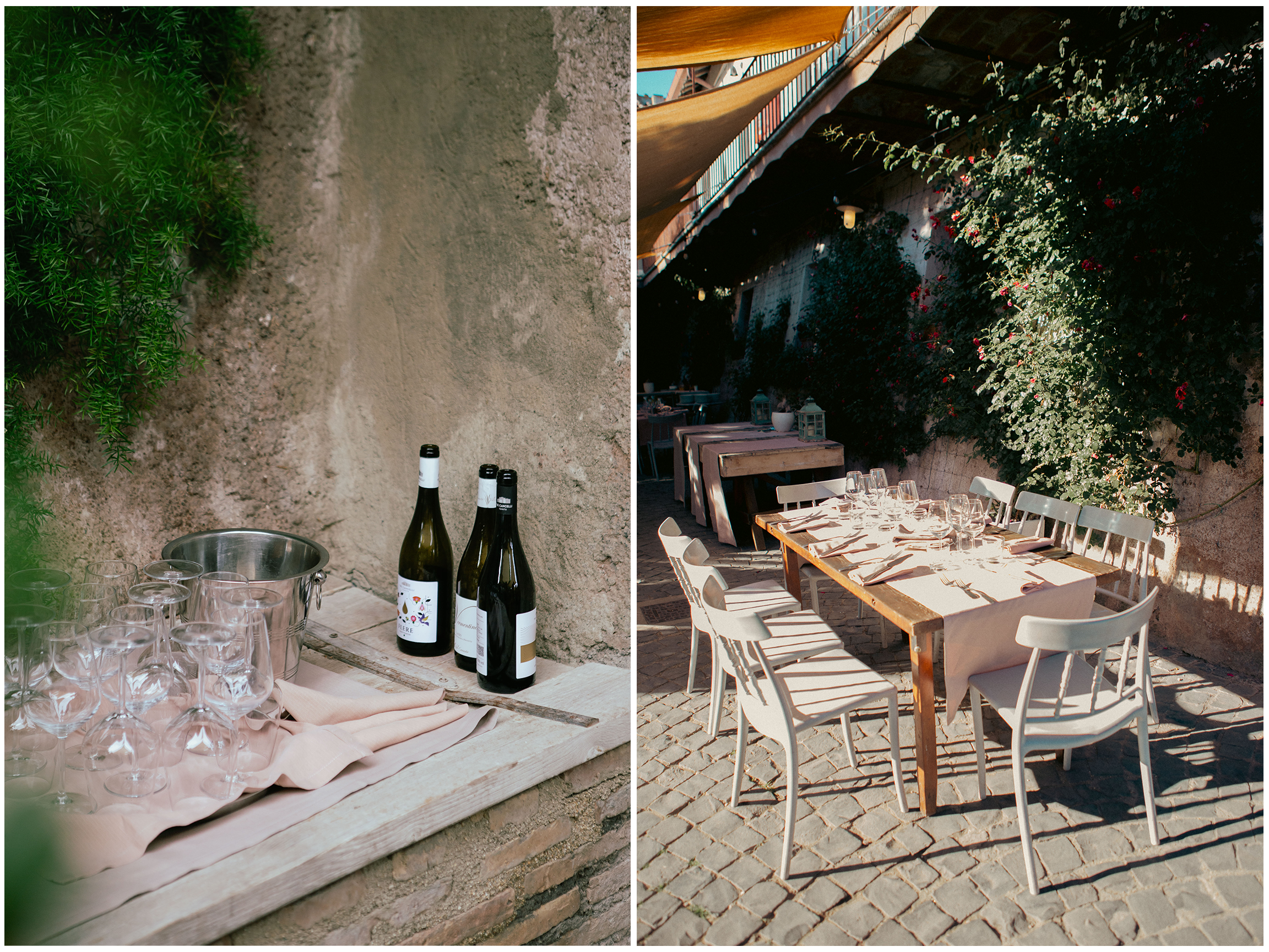 A split photo of an outdoor dining setup. The left side shows a table with wine bottles, empty glasses, a wine bucket, and a pink tablecloth against a stone wall with greenery. The right side displays a long wooden table with white chairs, set for a meal under a shaded patio with flowering vines and string lights, on a cobblestone ground.