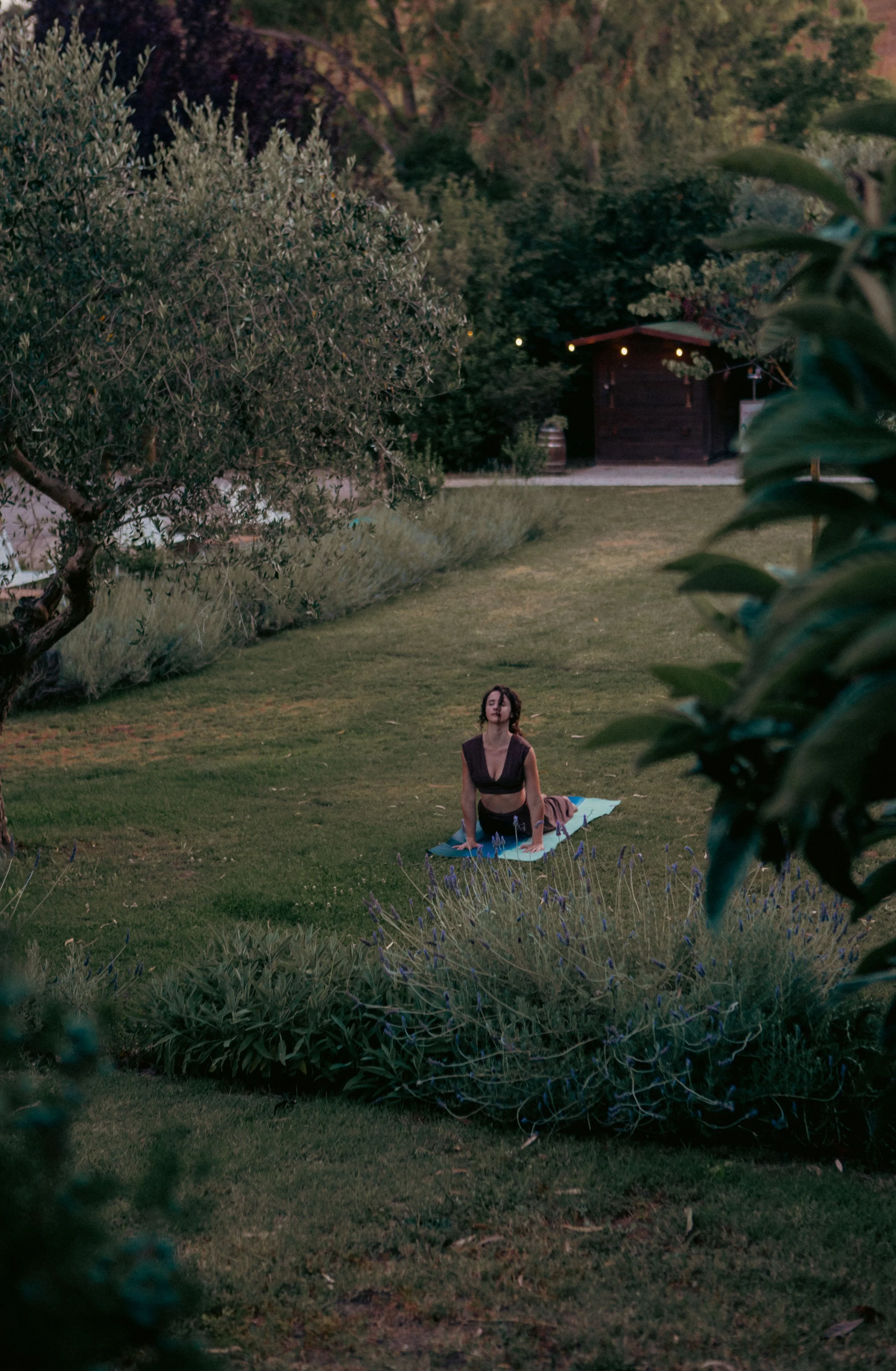 A woman practicing yoga outside on a yoga mat in a lush garden during dusk, surrounded by trees and plants with a wooden shed in the background.