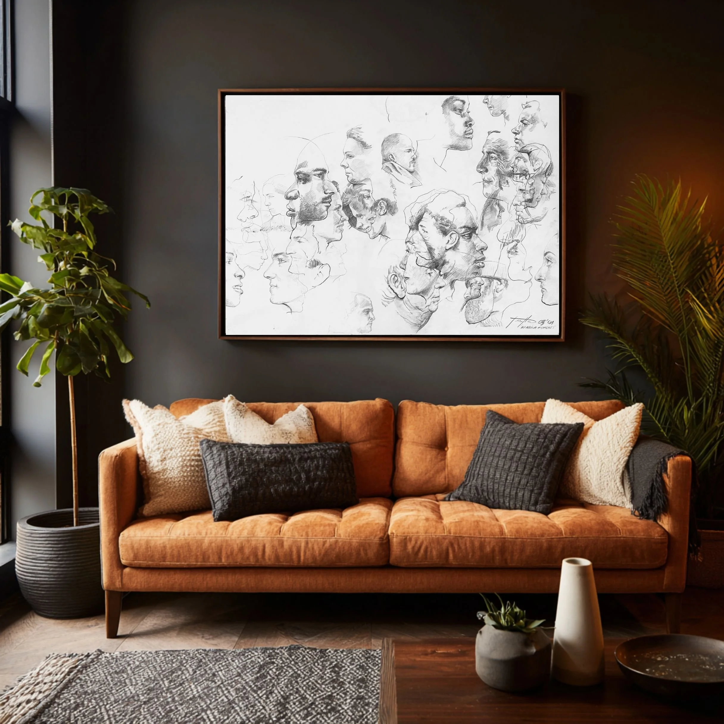 Living room with a burnt orange sofa, black and beige pillows, a large framed artwork of sketched human faces, potted plants, a decorative rug, and a wooden table with vases.
