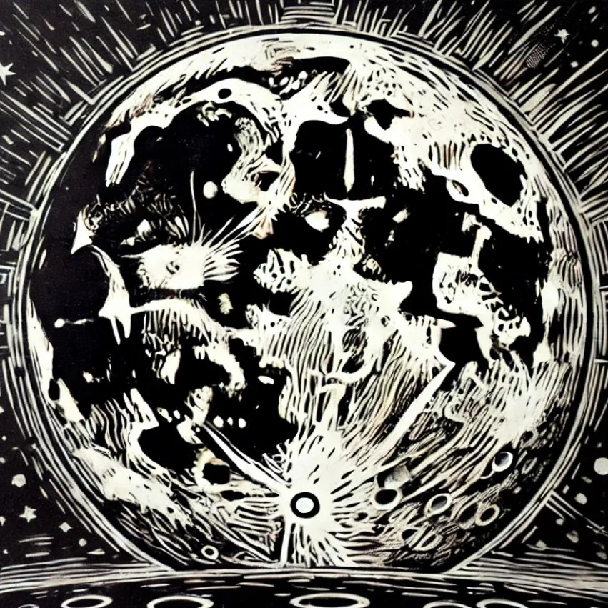 Abstract black and white artwork depicting a celestial scene, including planets, swirling patterns, and space elements.