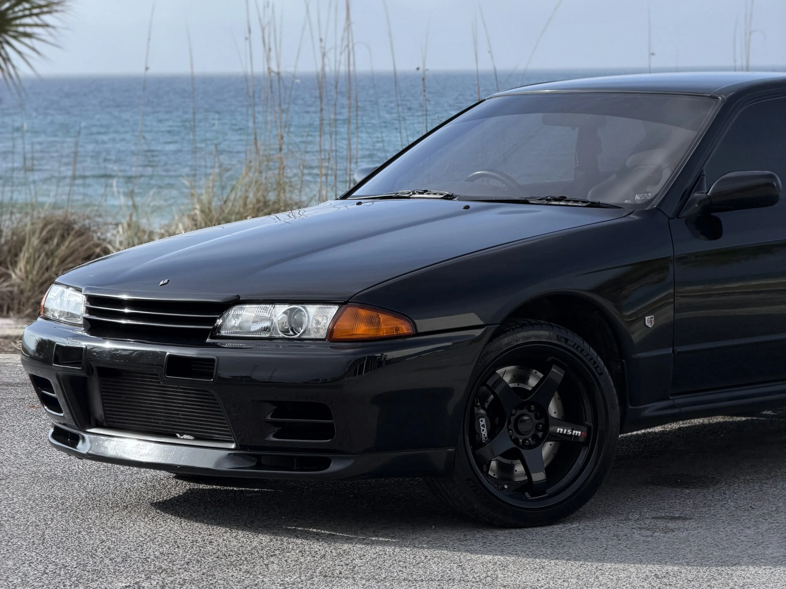 Black Nissan car parked near the water with a view of the ocean in the background, some plants and grasses in the foreground.