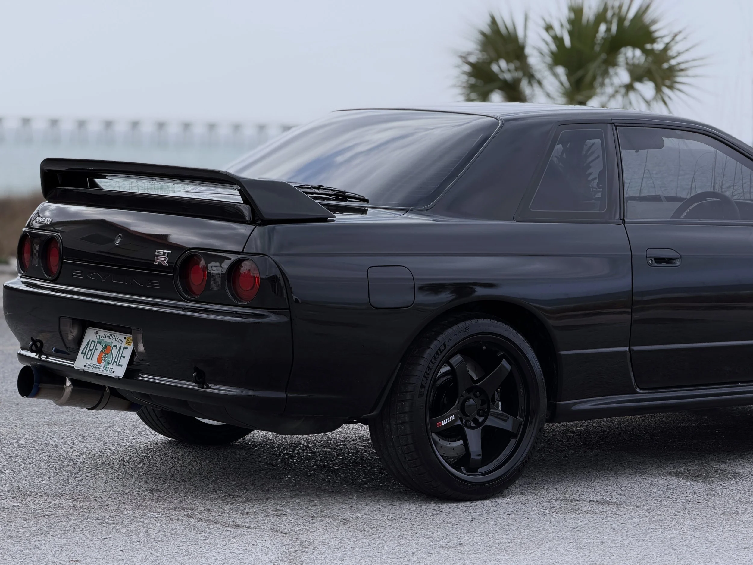 A black Nissan Skyline GT-R car parked on a gravel surface with a palm tree and ocean in the background.