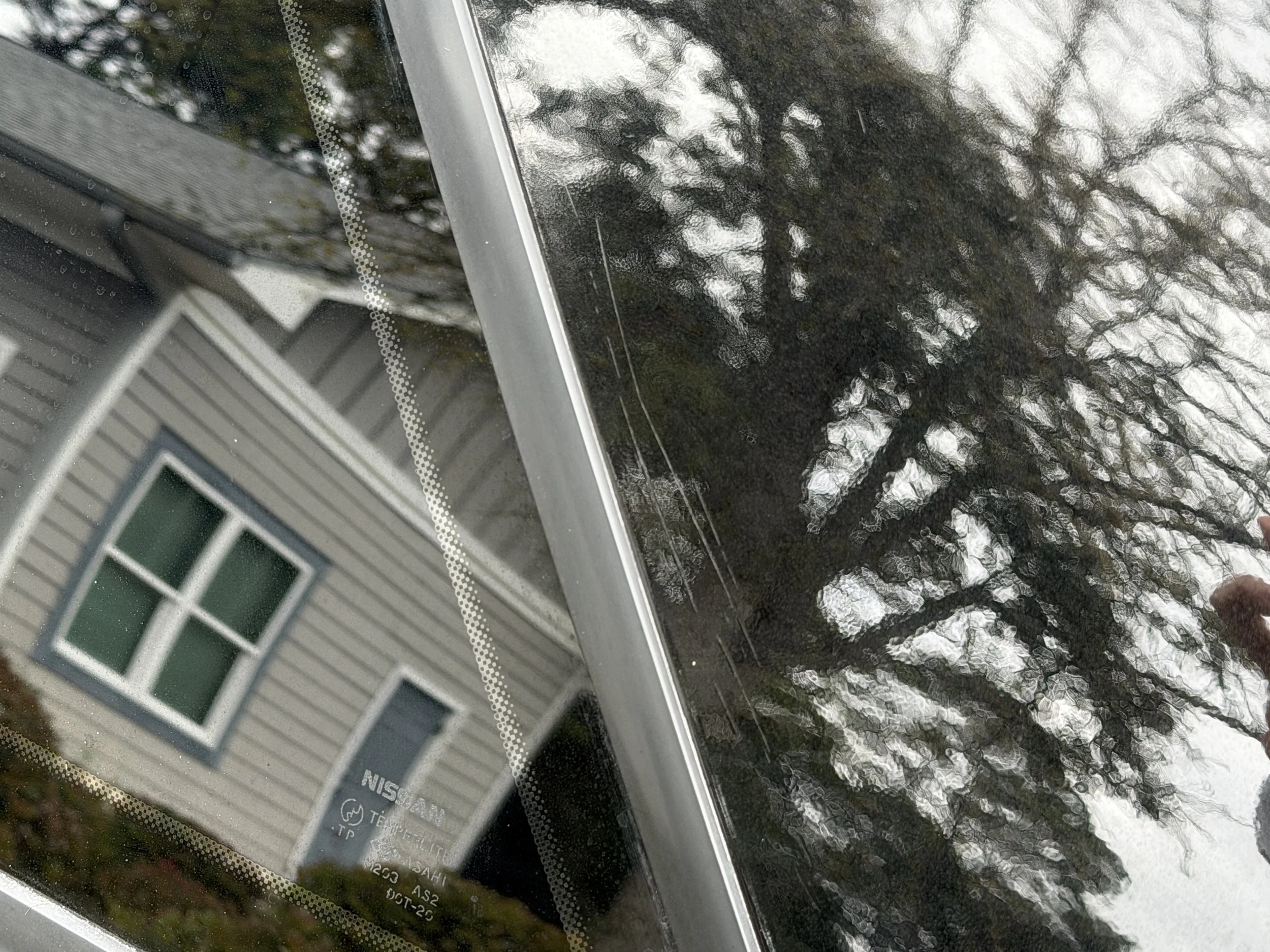 Photo of a car windshield with a visible crack and a reflection of leafless trees, a house with gray siding, and a window.