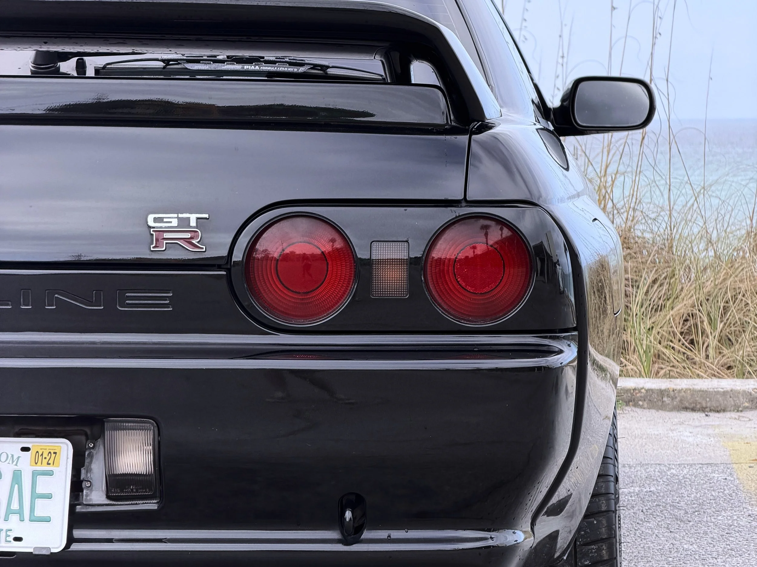Back view of a black Nissan GT-R sports car with red taillights and a spoiler, parked near a body of water with tall grasses in the background.