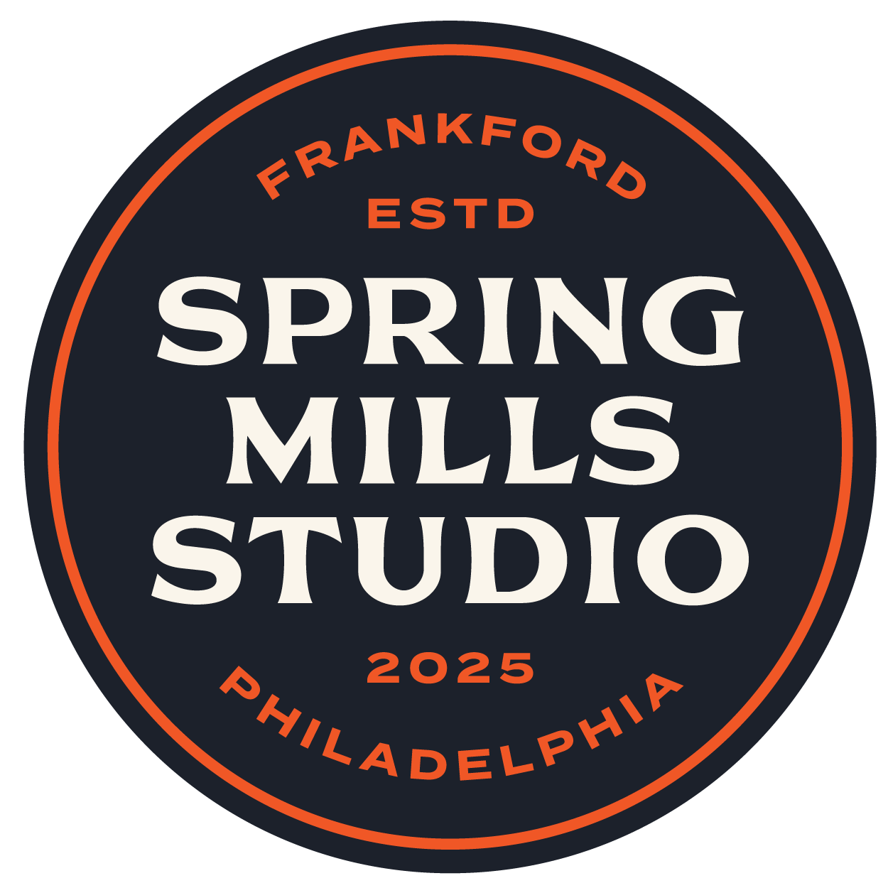 Logo for Spring Mulls Studio, Franklin, Pennsylvania, established 2025, with circular black background and orange and white text.