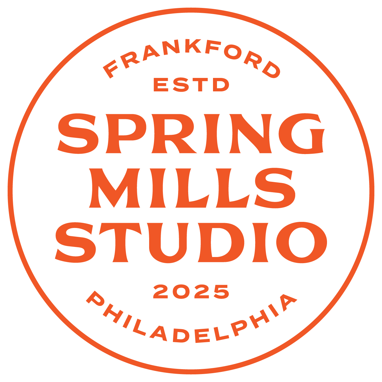 Circular logo with orange outline and text on a black background, reading 'Spring Mulls Studio, Frankford ESTD 2025, Philadelphia'.