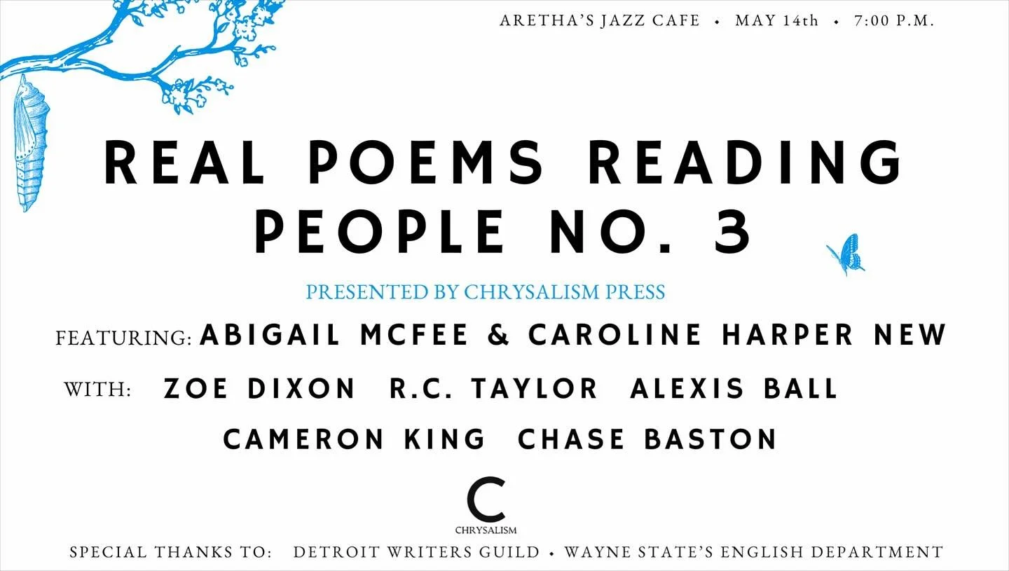 This Wednesday, May 14th, we&rsquo;ll be hosting our third installment of our reading series, Real Poems Reading People!  We&rsquo;re so excited to feature the amazing @c.harpernew and @abbymcfee and five new and emerging writers: 

Cameron King
Alex