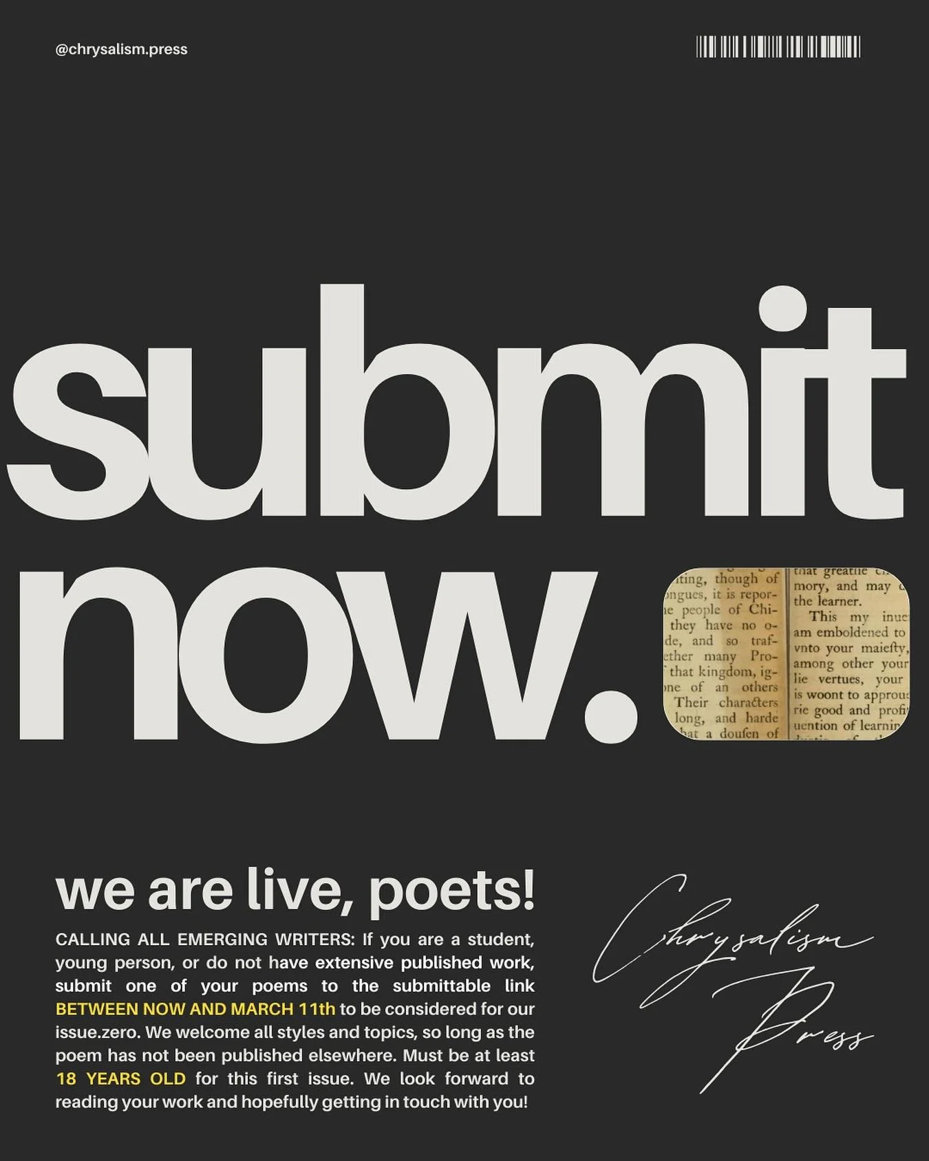 Exciting news! We are open for submissions until March 11th, for issue.zero. 

The link to our submittable page is in our bio. 🔗 

Please note, we have a cap on submissions based on the size of our team of readers and interns to ensure or response t