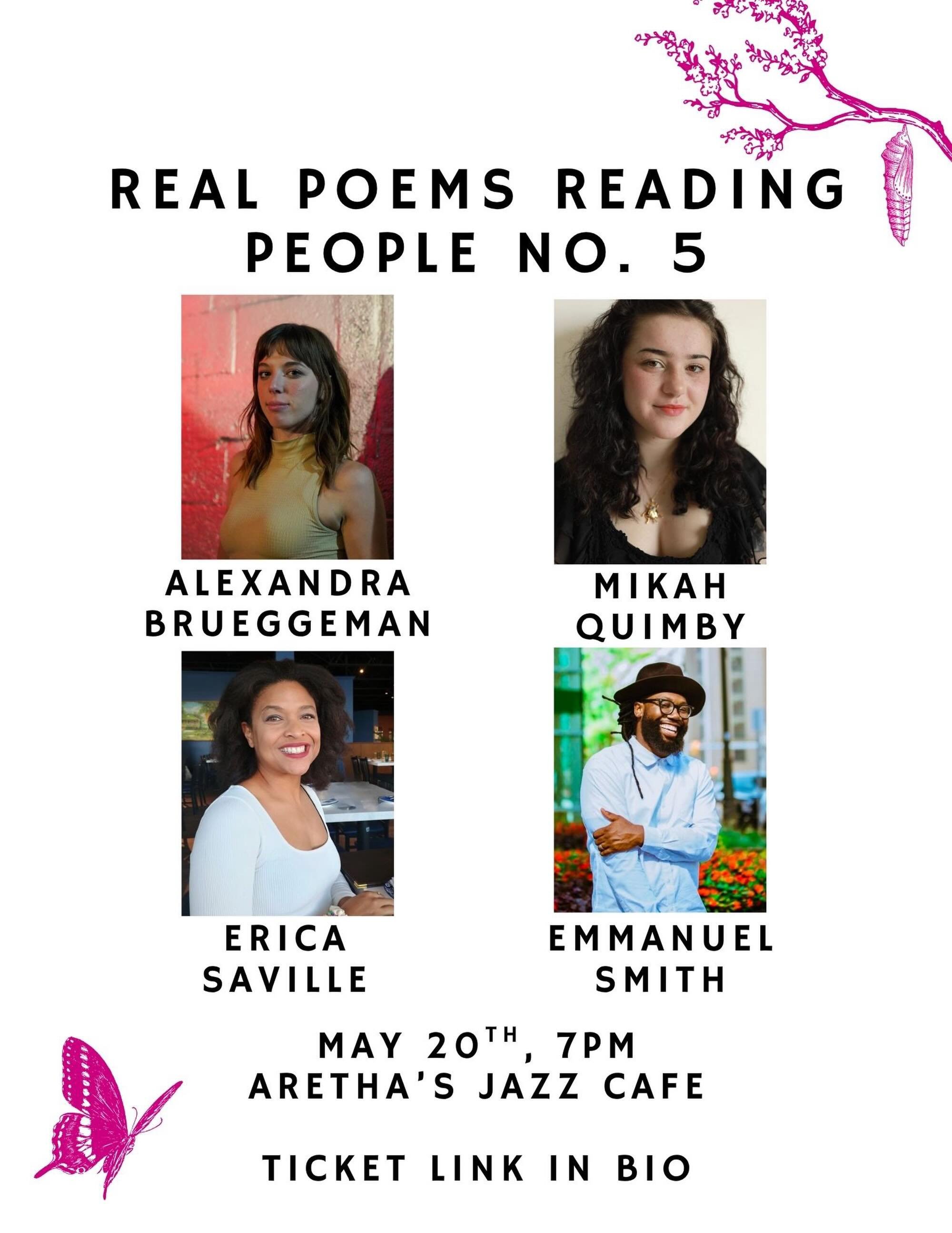 Our fifth installment of Real Poems Reading People is coming up in just ten days! Be sure to snag free tickets from the link in our bio to guarantee your ability to attend. Alexandra Brueggeman, Mikah Quimby, Erica Saville, and Emmanuel &ldquo;Mr. E&