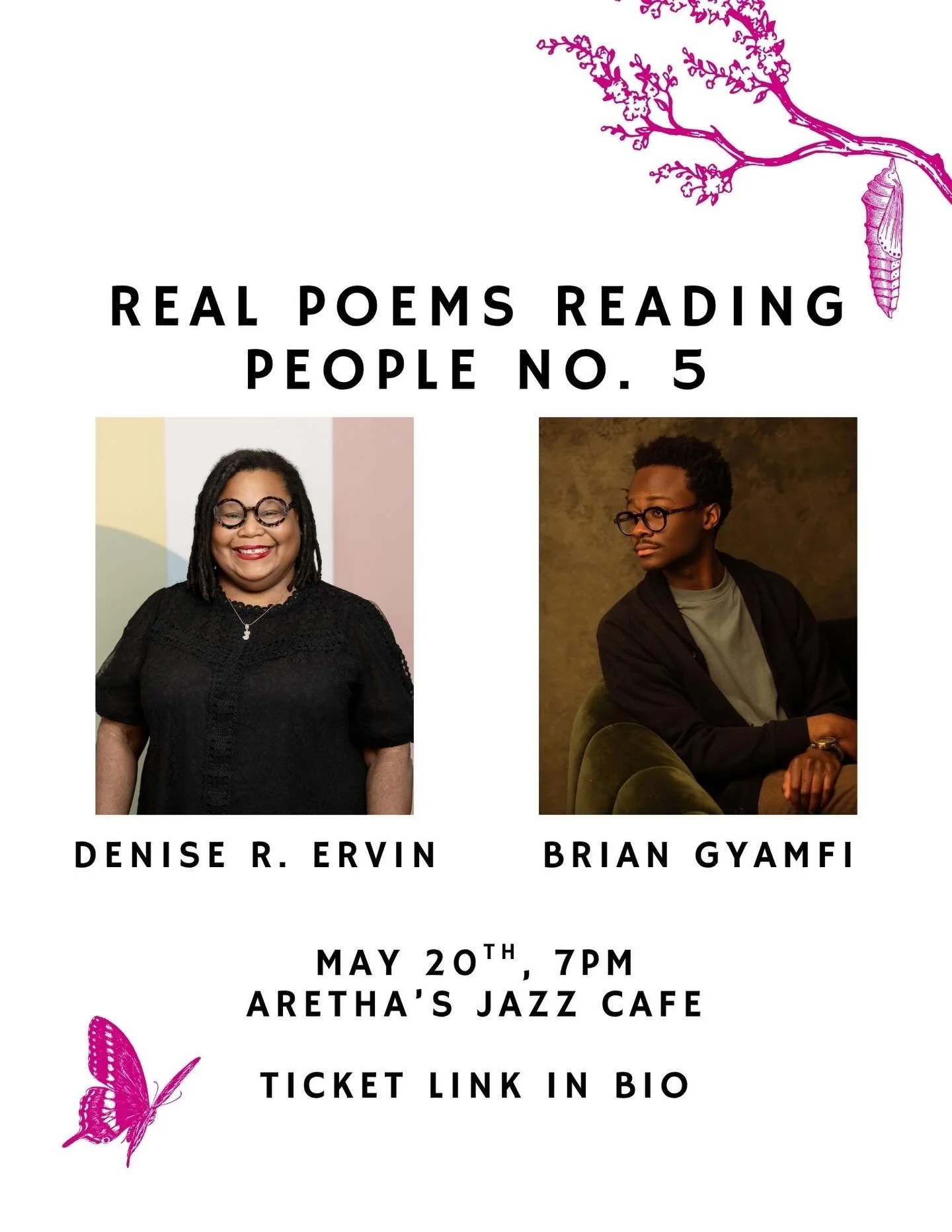 Our fifth installment of Real Poems Reading People is coming up in just under a month! Be sure to snag free tickets from the link in our bio to guarantee your ability to attend. Denise R. Ervin and Brian Gyamfi will be the featured readers of the nig