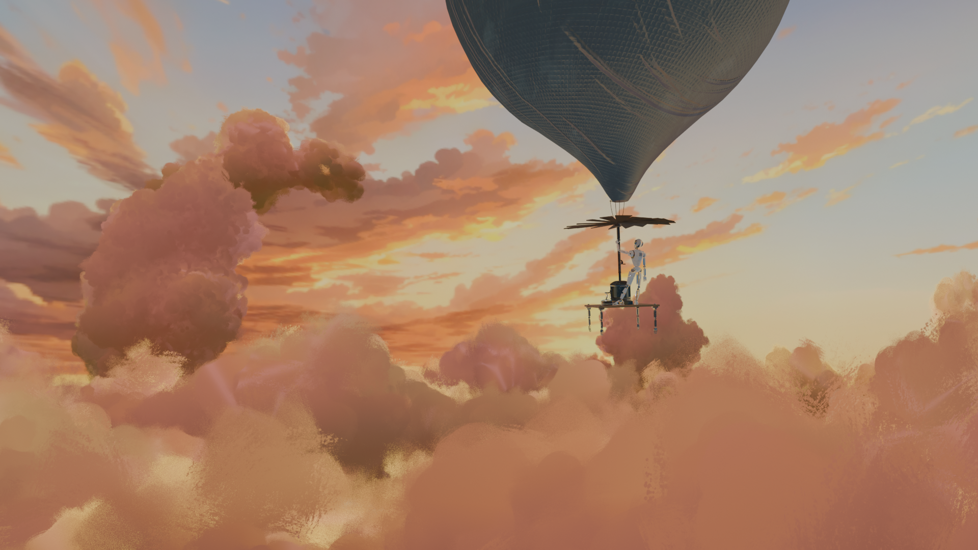 A humanoid robot operating a small hot air balloon with a solar panel in a sky filled with pink and orange clouds during sunset.