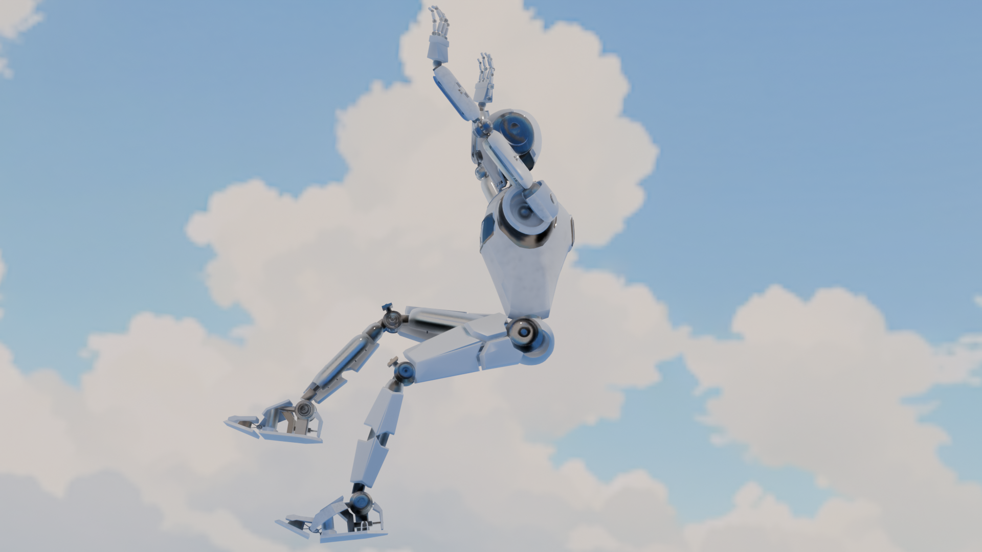 A humanoid robot jumping with one arm raised against a cloudy sky.