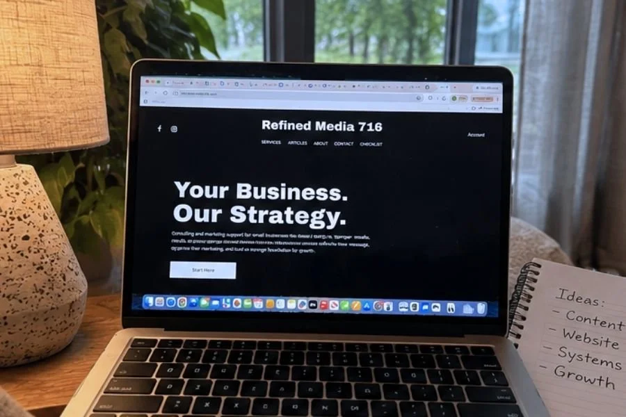 Laptop displaying the Refined Media 716 website in a warm creative workspace.