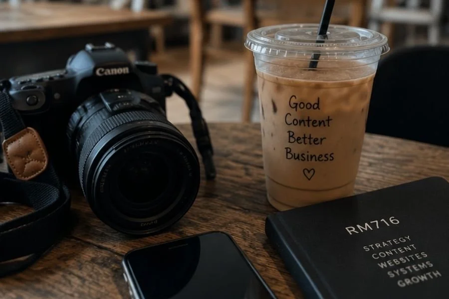 Camera, iced coffee, phone, and RM716 notebook arranged for content creation and brand photography.