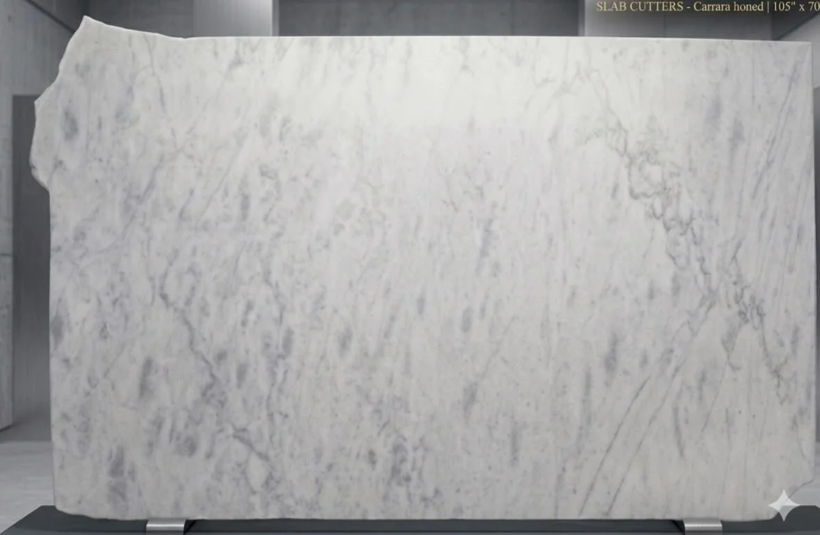 The Classic Essential: Carrara Honed.

Measuring 105 x 70, this slab offers the soft, velvet-like finish of a honed surface paired with the iconic veining of true Carrara marble. It&rsquo;s the perfect foundation for a space that values understated l
