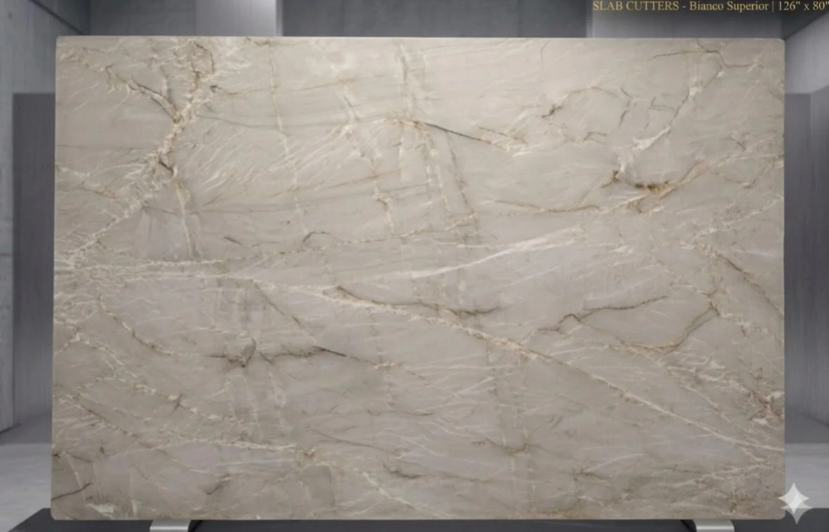 The Pinnacle of Quiet Luxury: Bianco Superior.

This spectacular Bianco Superior quartzite slab brings a refined, architectural presence to our collection. Measuring 126 x 80, its sophisticated palette of soft grays woven with dramatic, golden-tan ve