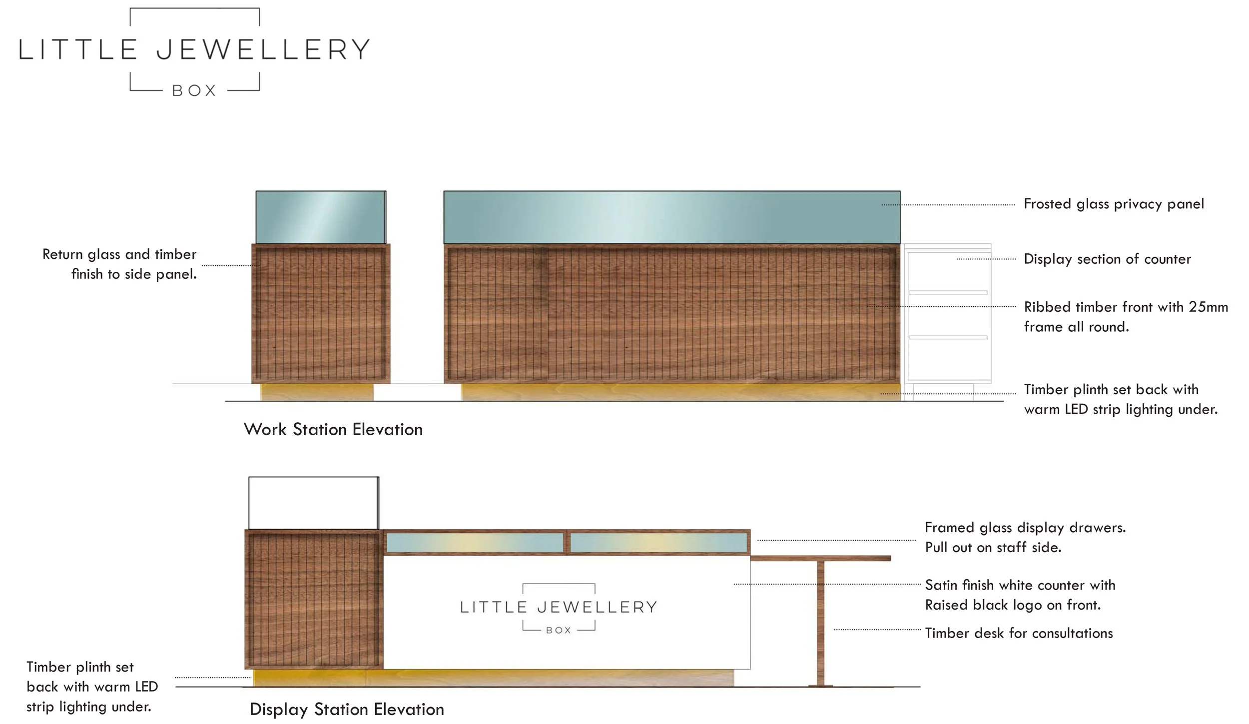 Joinery elevation for a retail jewellery store bespoke interior design