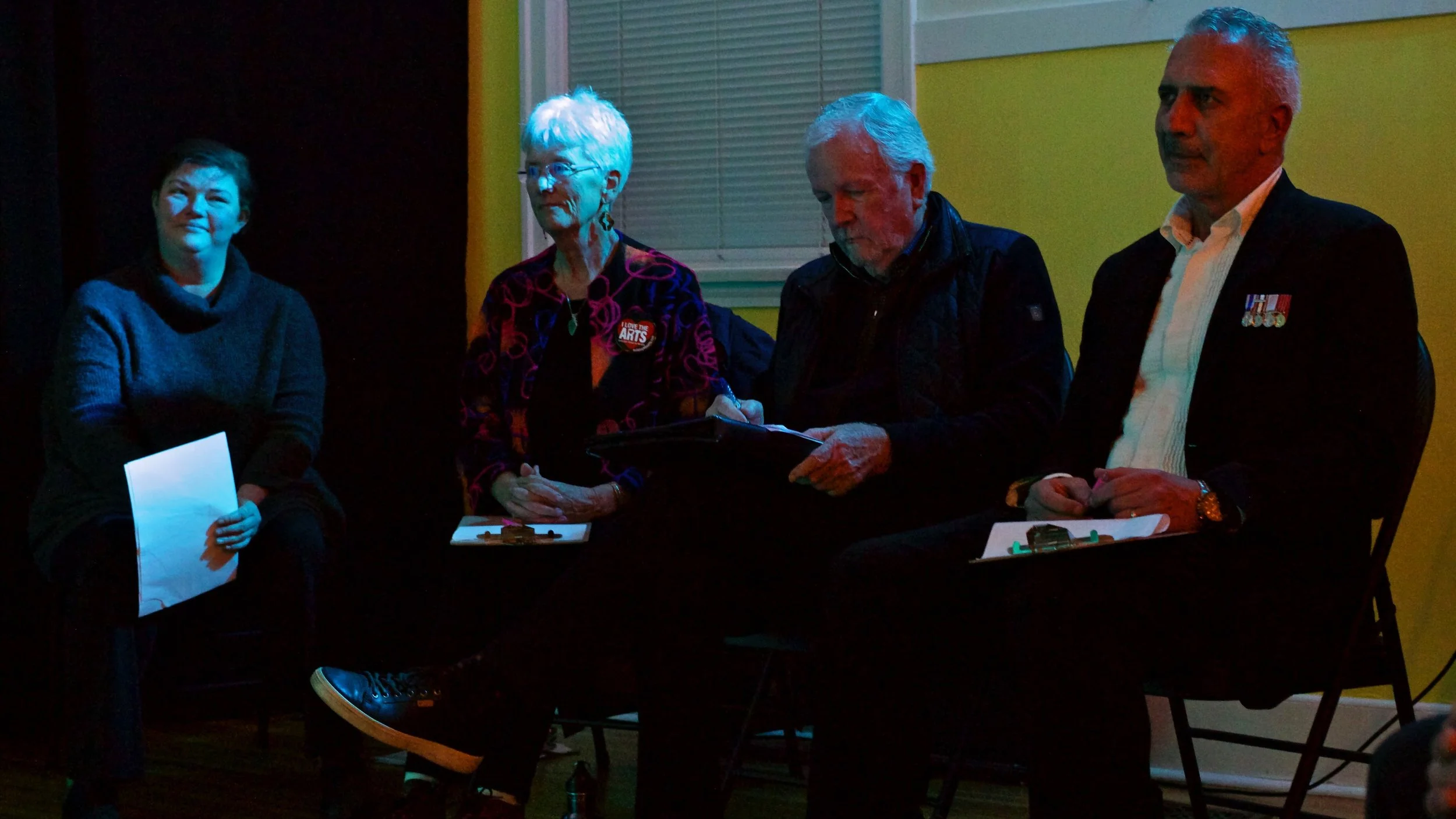 2025 esteemed panel of Judges: View Royal Mayor Sid Tobias, VRCA VP Gary Mathes, JDF PACS President Judith Cullington and Artistic Director for Theatre Al Dente Sasha Moriarty-Schieven.