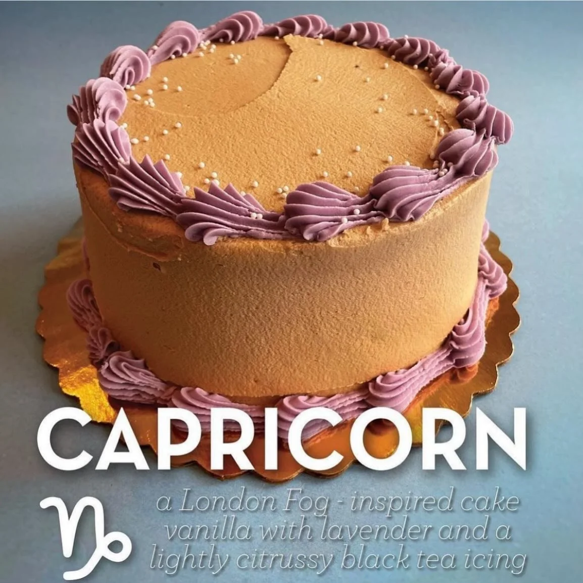 Only a few days left for our Capricorn cake! Featuring vanilla cake, lavender whipped icing inside and black tea icing outside. Swing by before we make way for Aquarius next week.