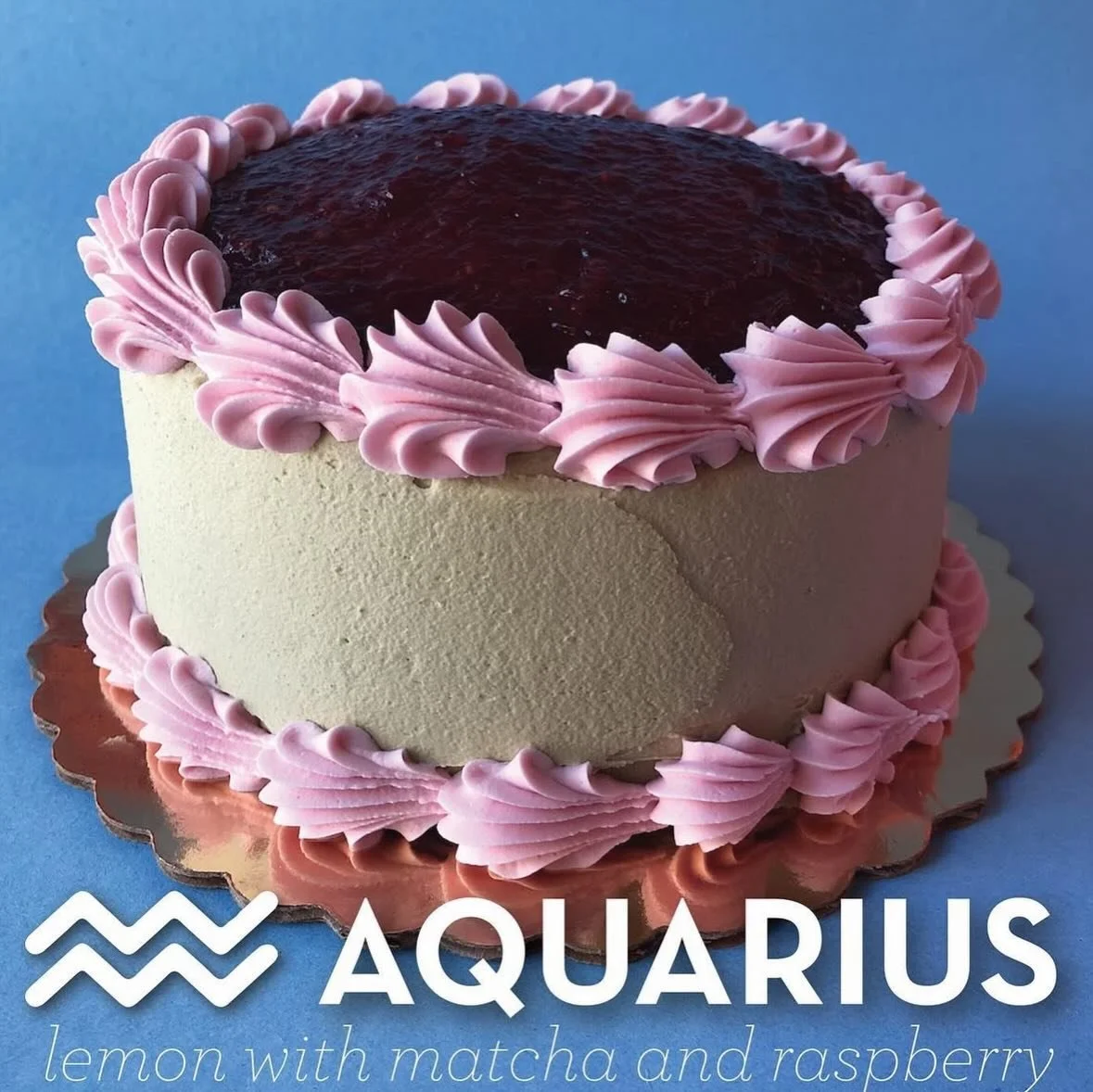 Aquarius season is here! Try our lemon cake with matcha icing topped with organic raspberry preserves! Available by the slice, as a gf cupcake and as a ready to go 6" cake!