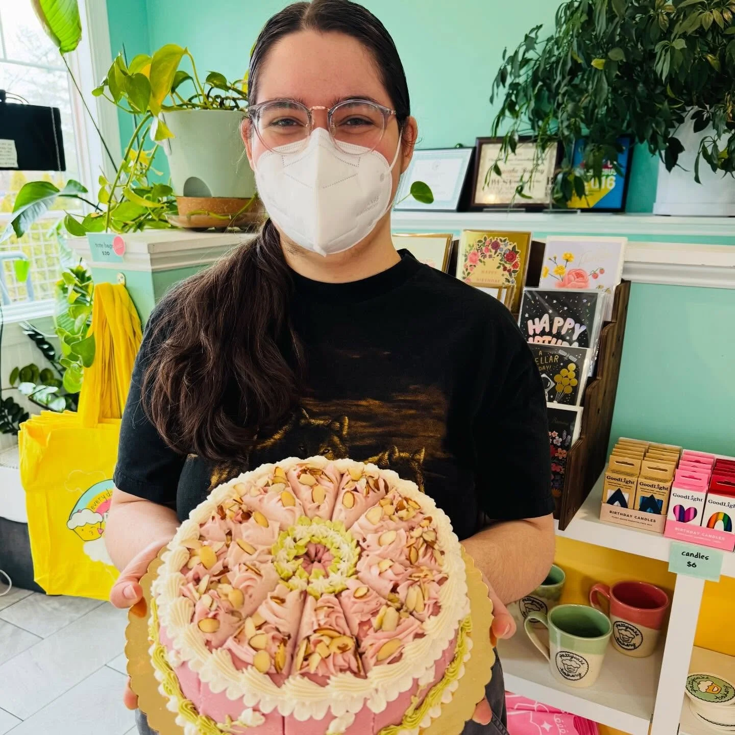 Today we are belatedly celebrating the birthday of Robin, one of our wonderful Capricorns! We have a beautiful almond cake with raspberry jam through the center, raspberry buttercream on the outside, and almond slices all over! 

Robin has been an im