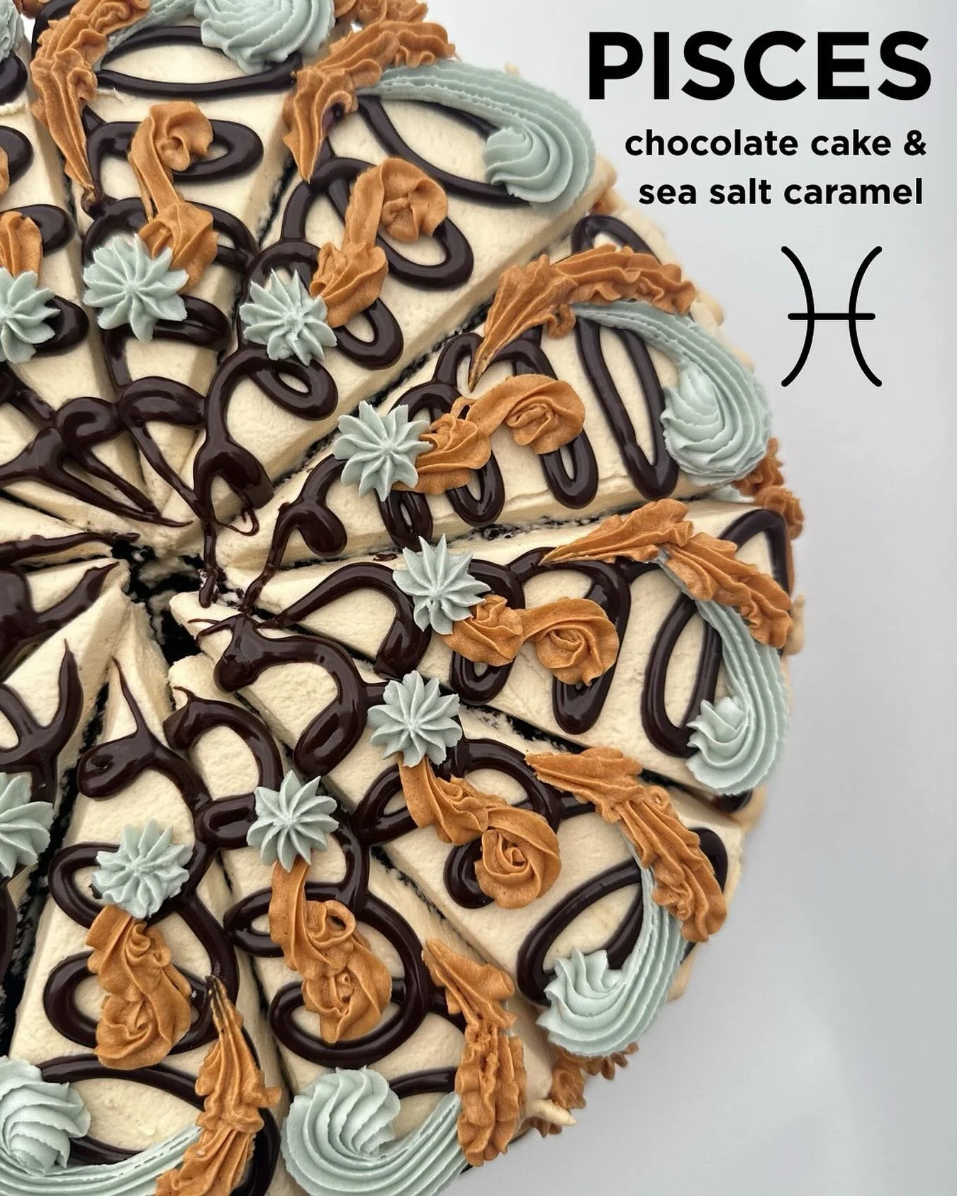 This Pisces inspired cake is a real catch! Decadent chocolate cake with sea salt caramel whipped icing topped with chocolate ganache drizzle!