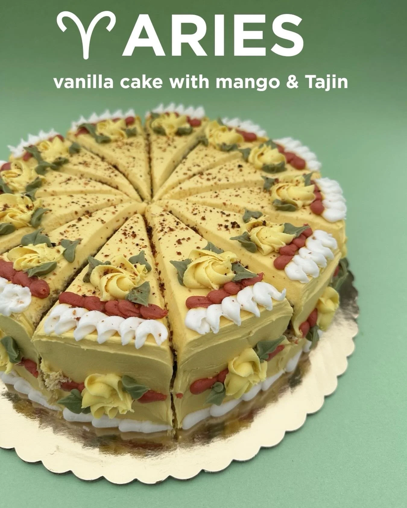Aries season is back! Treat yourself or someone special to this customer favorite zodiac flavor of vanilla cake with mango whipped icing topped with Tajin. Available by the slice, as a gluten-free cupcake or a walk-in 6" round cake.