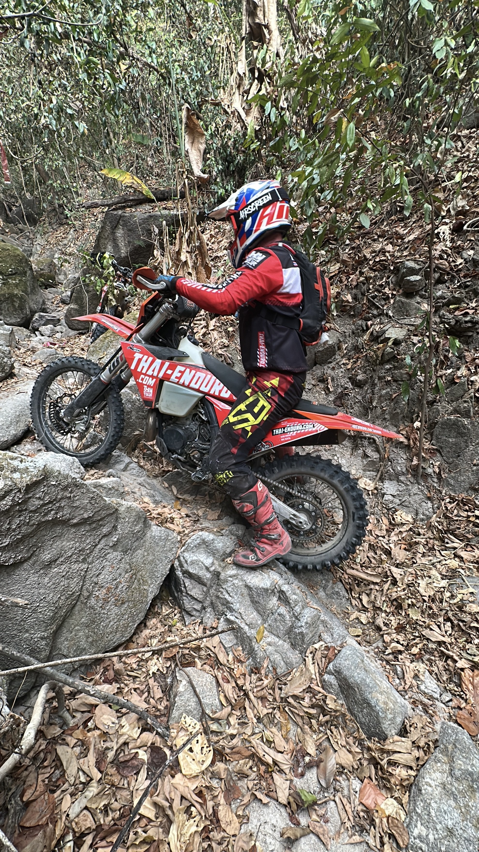 A person in red motocross gear, including a helmet, jacket, and pants, is riding a red and black off-road motorcycle through a rocky, leaf-covered trail in a forested area.