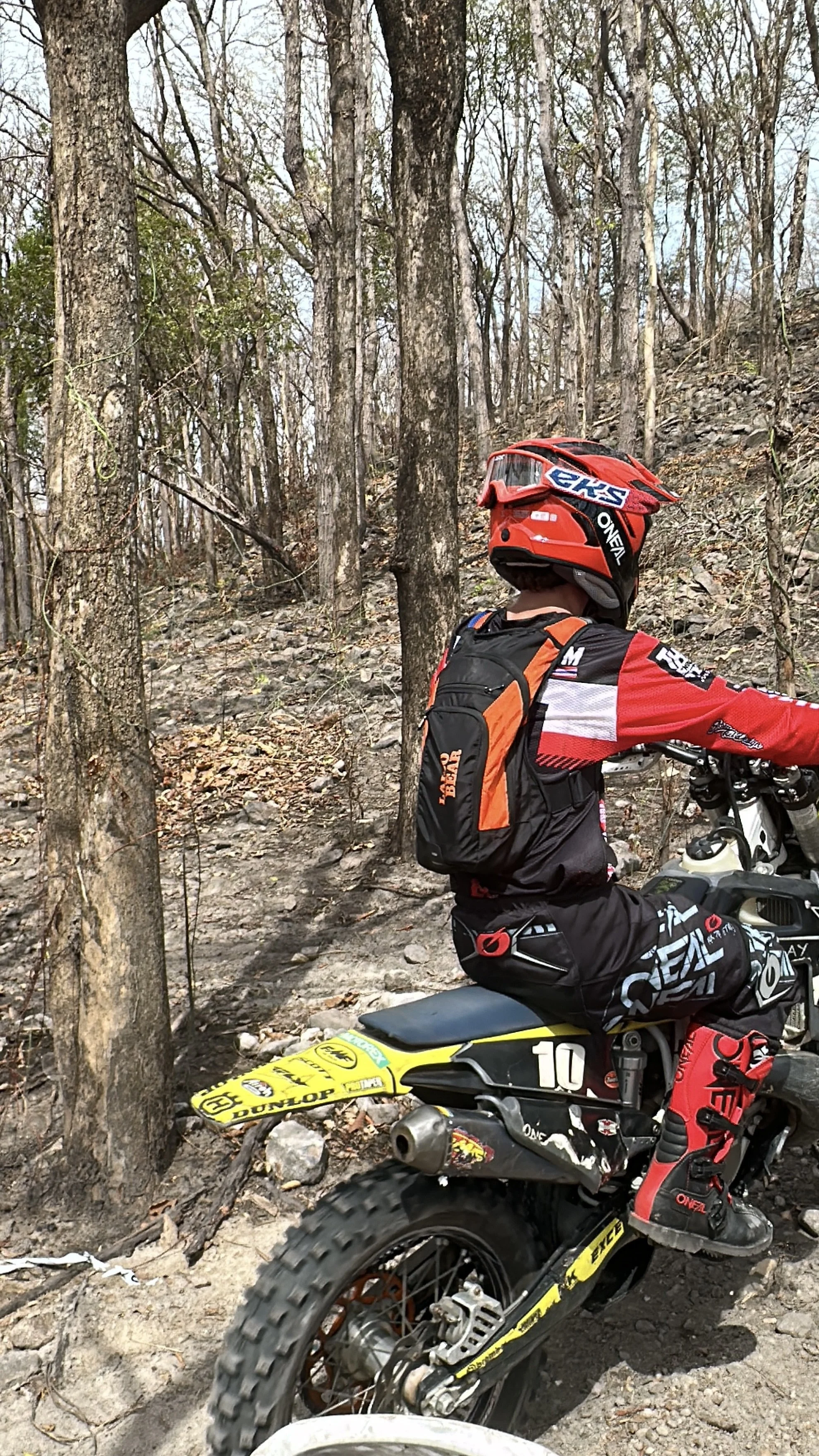 A person in motocross gear riding a yellow dirt bike in a wooded area with trees and rocky terrain.