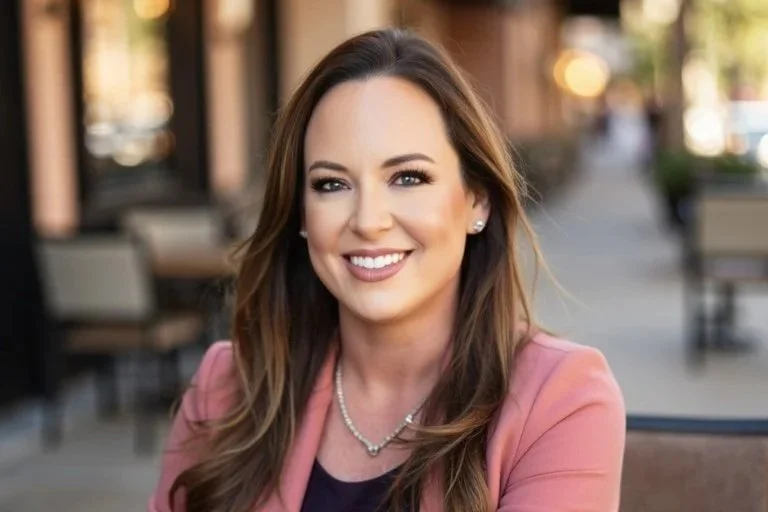 Kristie Daniels, a wedding planner in Houston,  with long brown hair smiling, wearing a pink blazer and pearl necklace, sitting outdoors in an urban setting.