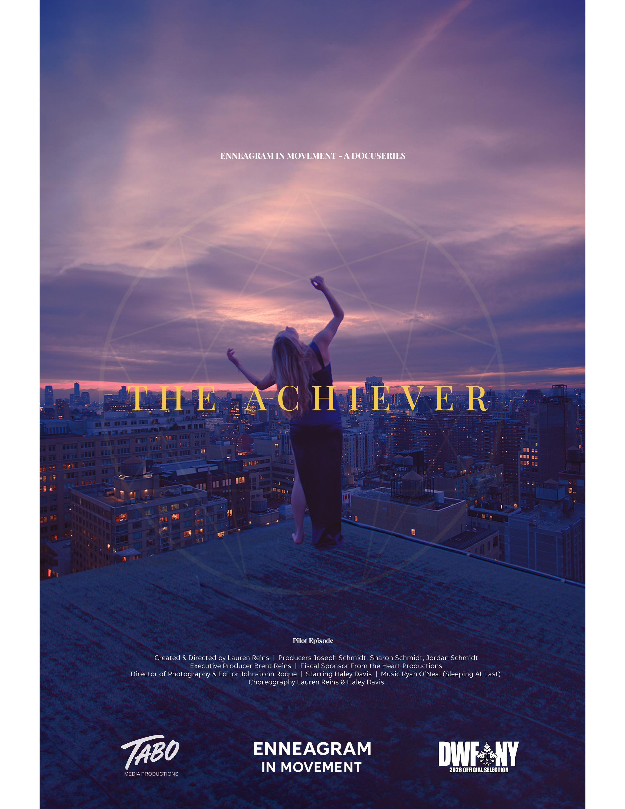 A woman dancing on a rooftop at sunset over a city skyline, with the words "The Achiever" and other text about a documentary film.