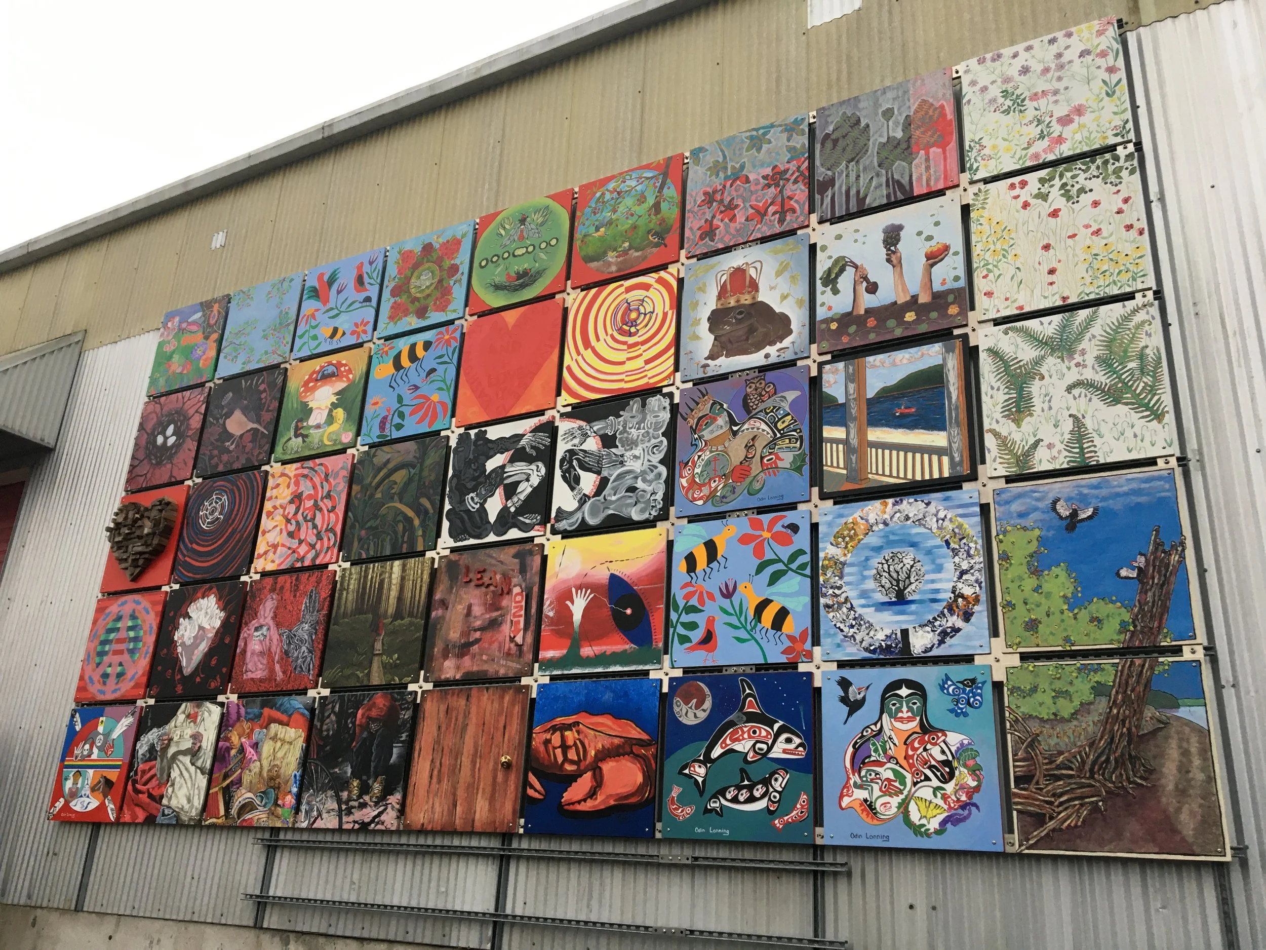 Mural quilt installation at the Open Space for Arts & Community, Vashon Island, 2020