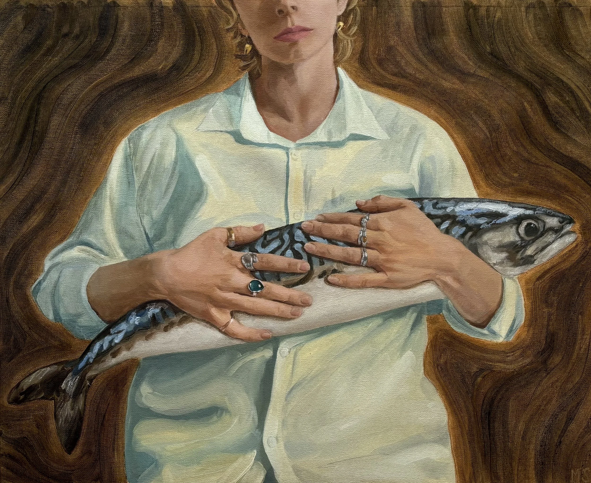 Self Portrait with Mackerel - 4/2/26 - 16x20" oil on canvas