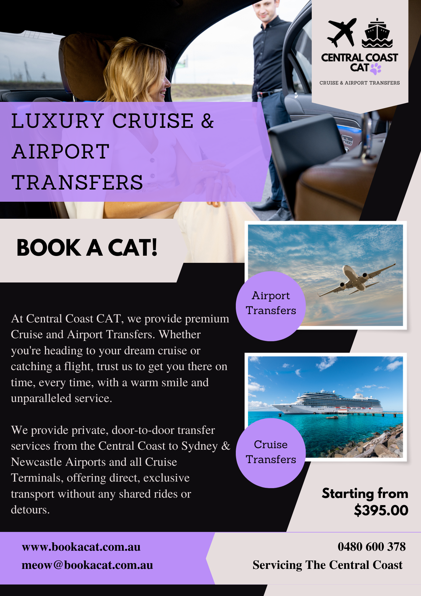 Flyer advertising luxury cruise and airport transfer services by Central Coast CAT, featuring an image of a woman in a car, an airplane, and a cruise ship.