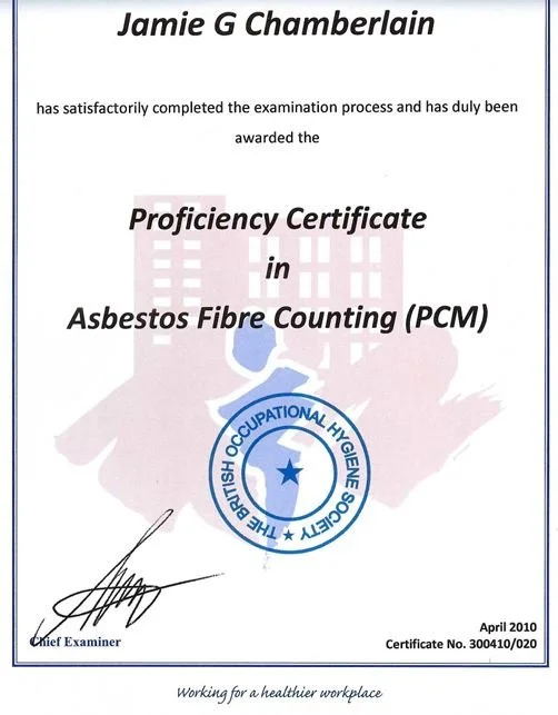 Certificate awarded to Jamie G. Chamberlain in asbestos fibre counting (PCM) from the British Occupational Hygiene Society, dated April 2010, with a signature, seal, and certificate number.