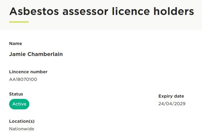 A digital document titled 'Asbestos assessor licence holders' showing the name Jamie Chamberlain, license number AA18070100, active status, expiry date 24/04/2029, and nationwide location.