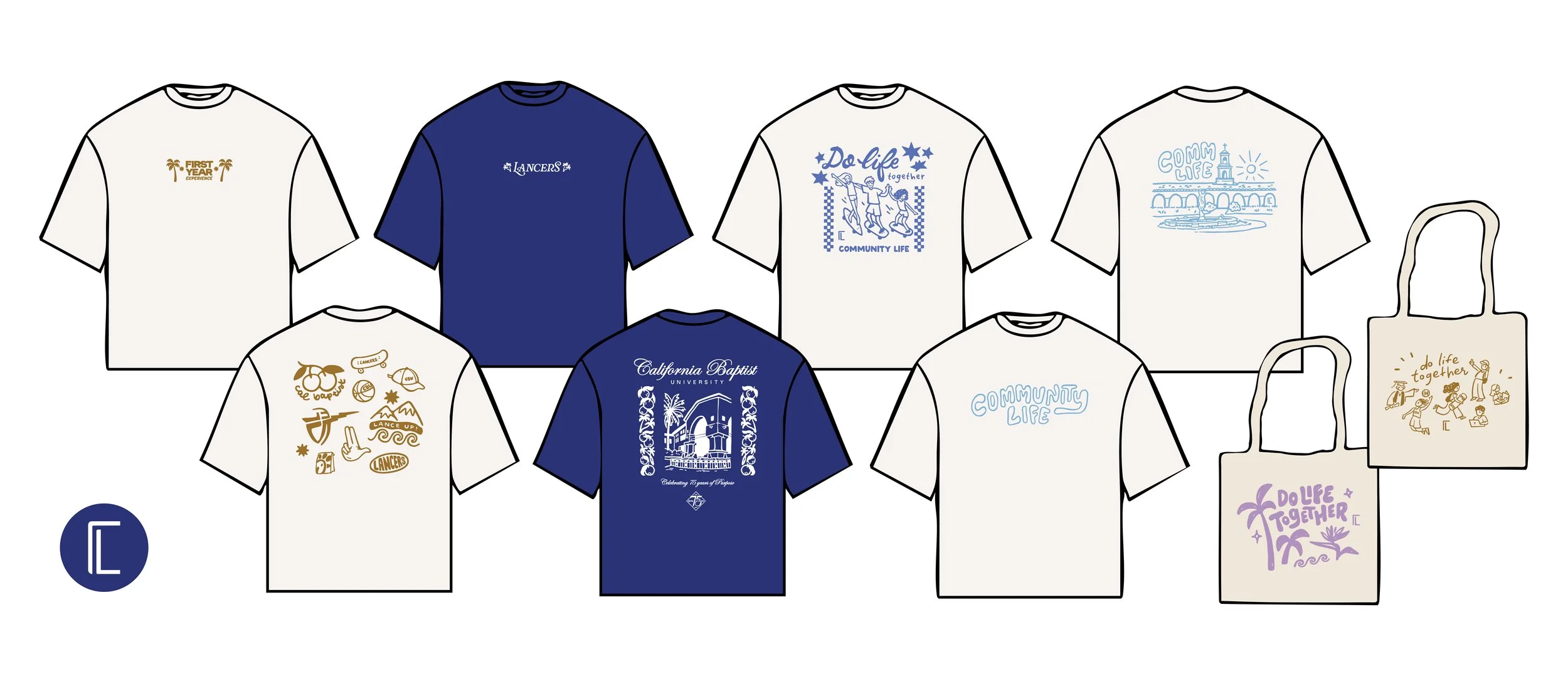 T-shirts and tote bags for CBU student workers, freshman students campus-wide, and various Community Life events