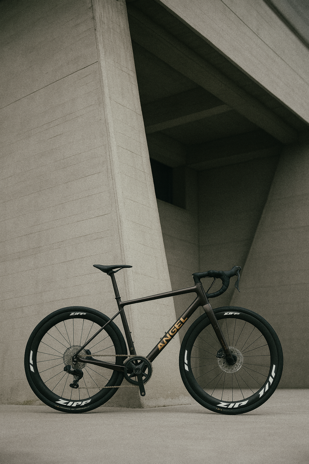 Bicicleta de carretera negra con ruedas Zipp, apoyada contra una estructura de concreto en un entorno urbano moderno.