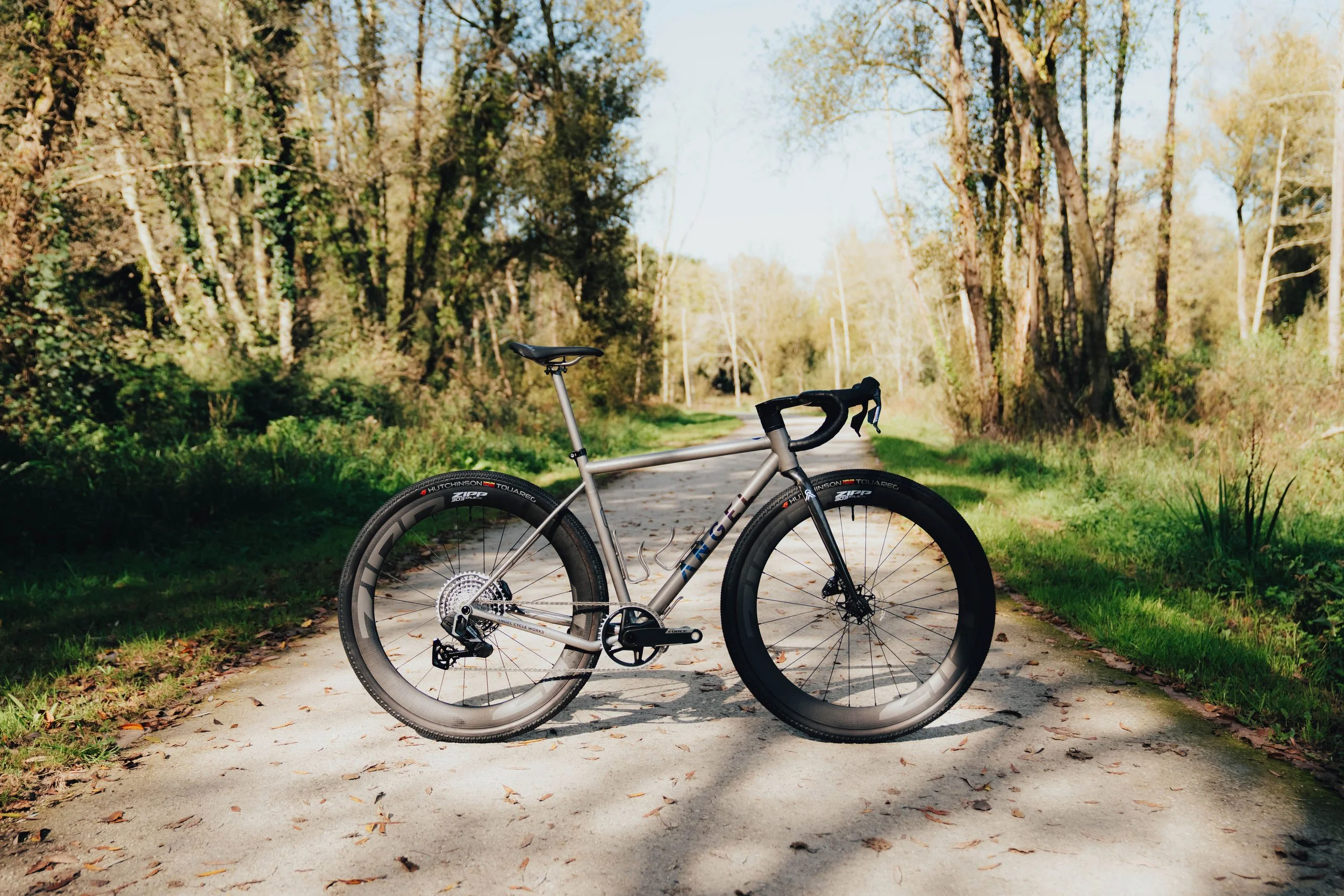 Una bicicleta en un sendero rodeado de árboles en un entorno natural.