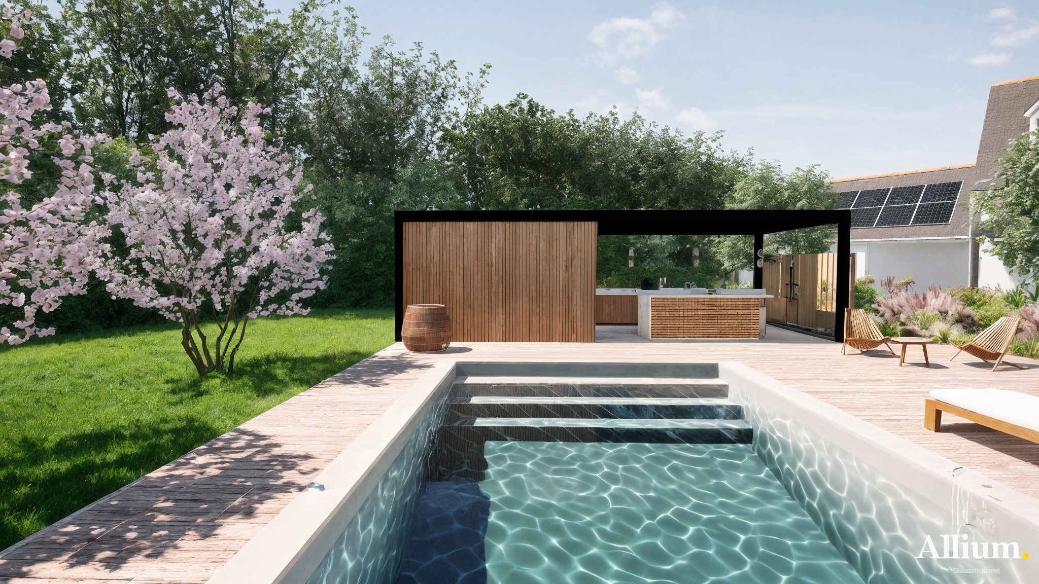 Cour avec jardin, vélo, arbres et plantes. Bâtiment avec portes en bois et fenêtres. Chemin en pavés menant à une zone avec table et chaises.
