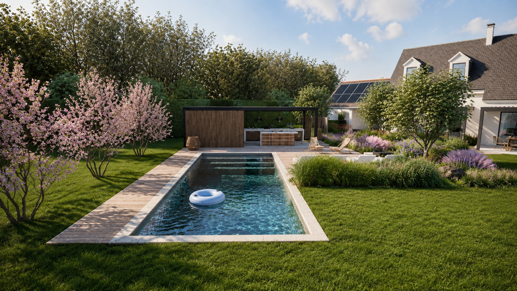 Cour avec jardin, vélo, arbres et plantes. Bâtiment avec portes en bois et fenêtres. Chemin en pavés menant à une zone avec table et chaises.