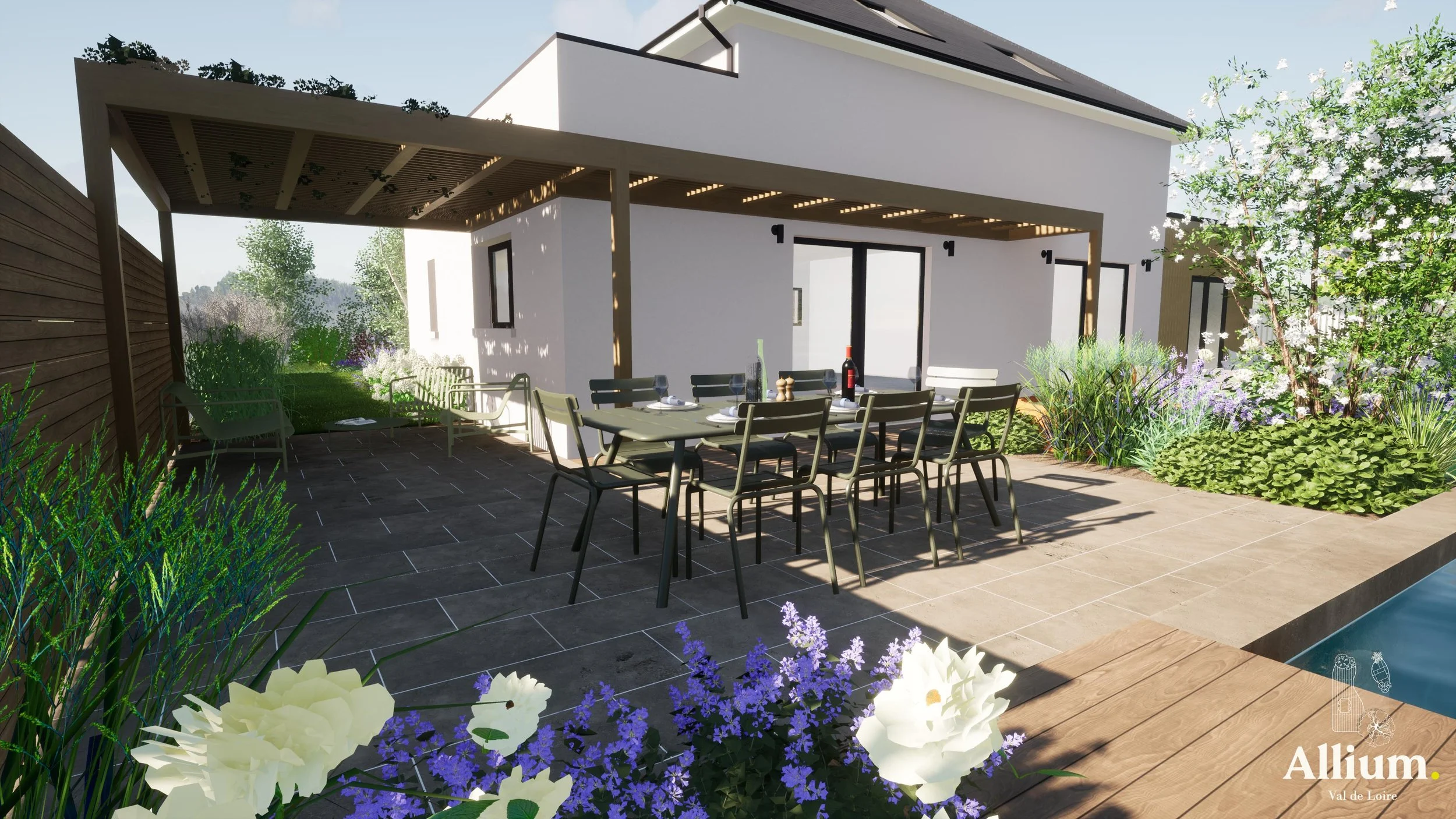 Pergola bioclimatique - pergola bois - aménagement extérieur - paysagiste