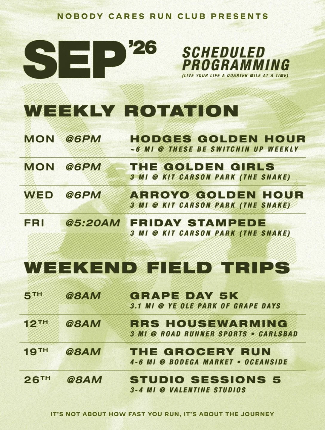 September?! Guess we should probably tell you where we&rsquo;re running.

The last few weeks have been a blur&hellip; but the monthly schedule is back, and September is keeping us in North County.

We&rsquo;re kicking things off with the @grapeday5k 