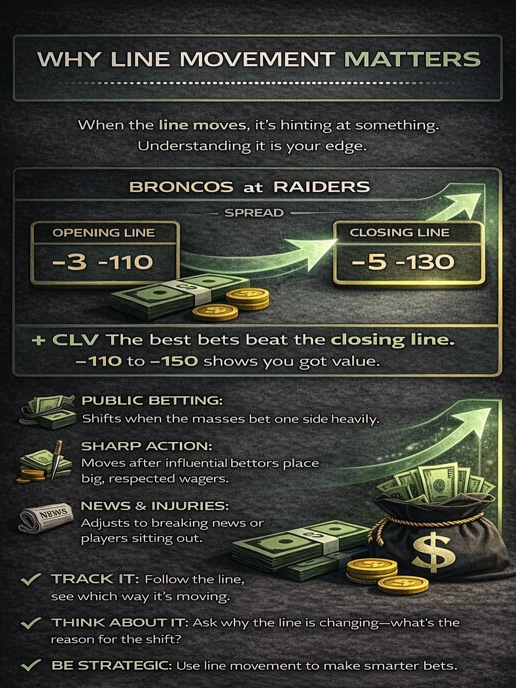SWIPE.

When a betting line moves, it&rsquo;s reacting to new information.

That information can come from:
&bull; Sharp money
&bull; Injury news
&bull; Weather changes
&bull; Market imbalance

Line movement shows where smart money and market pressur
