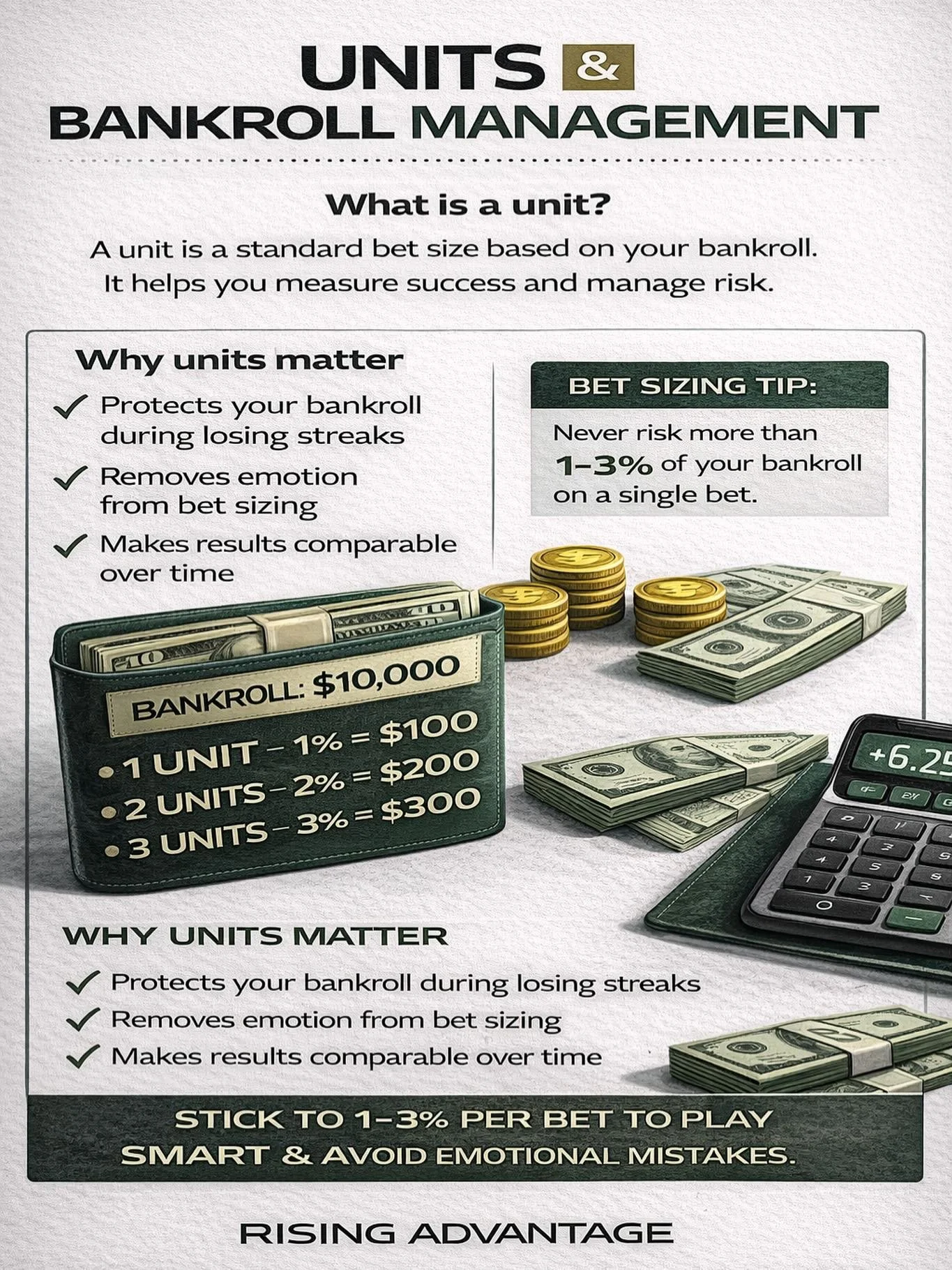 Units are how serious bettors survive variance. Every bettor has different unit levels and it&rsquo;s just whatever your specific standard bet amount is. It can and probably will change over time as you add more or reduce your account size.

They kee