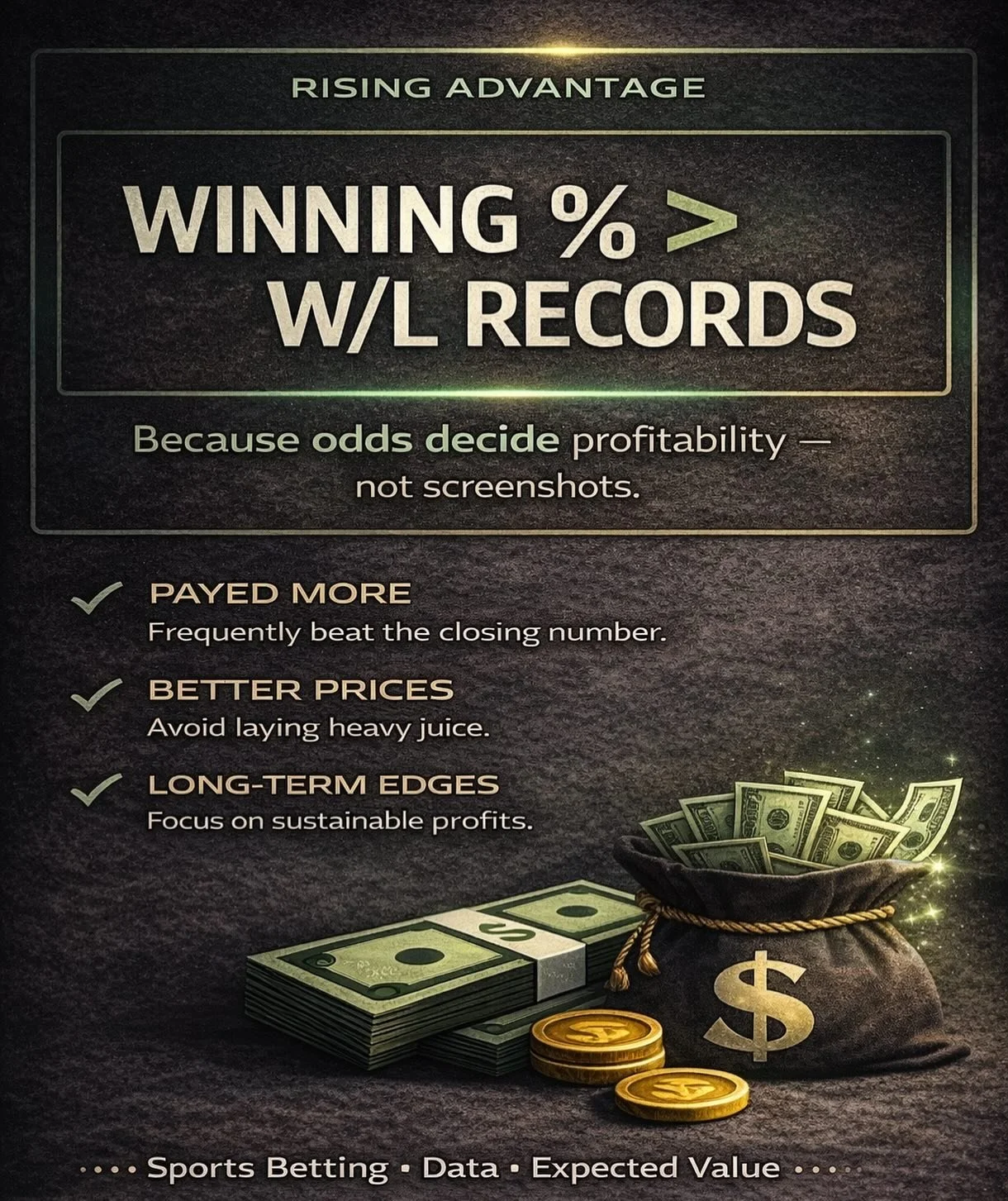 Win&ndash;loss totals are noise.

Winning percentage tells you how often you&rsquo;re right.
Odds determine how much that correctness is worth.

You can win more bets and lose money.
You can win fewer bets and be profitable.
