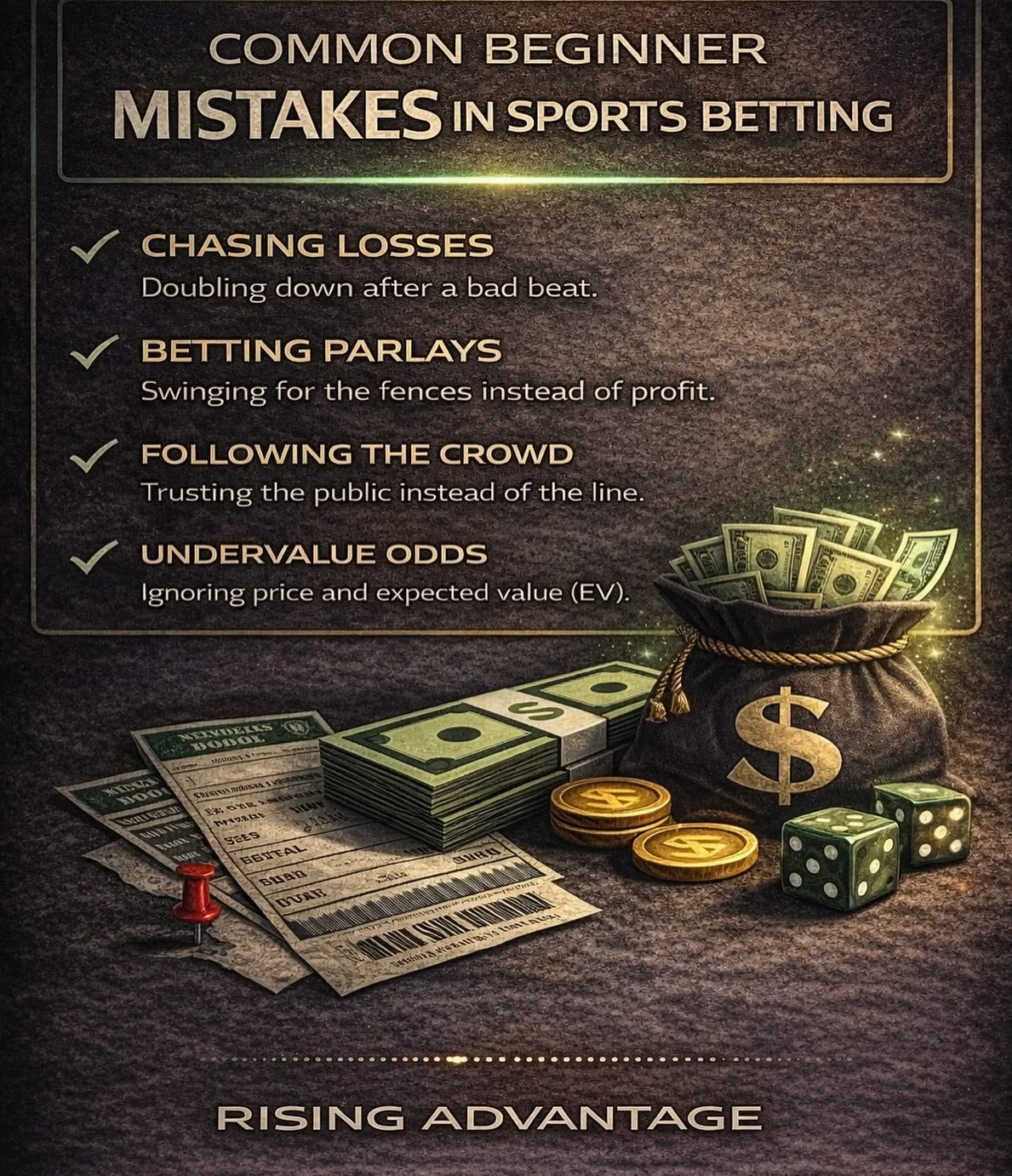 Most beginners don&rsquo;t lose because they can&rsquo;t pick games.
They lose because they make the same mistakes over and over.

Chasing losses turns variance into disaster.
Parlays feel exciting but bleed bankrolls.
Following the crowd means payin