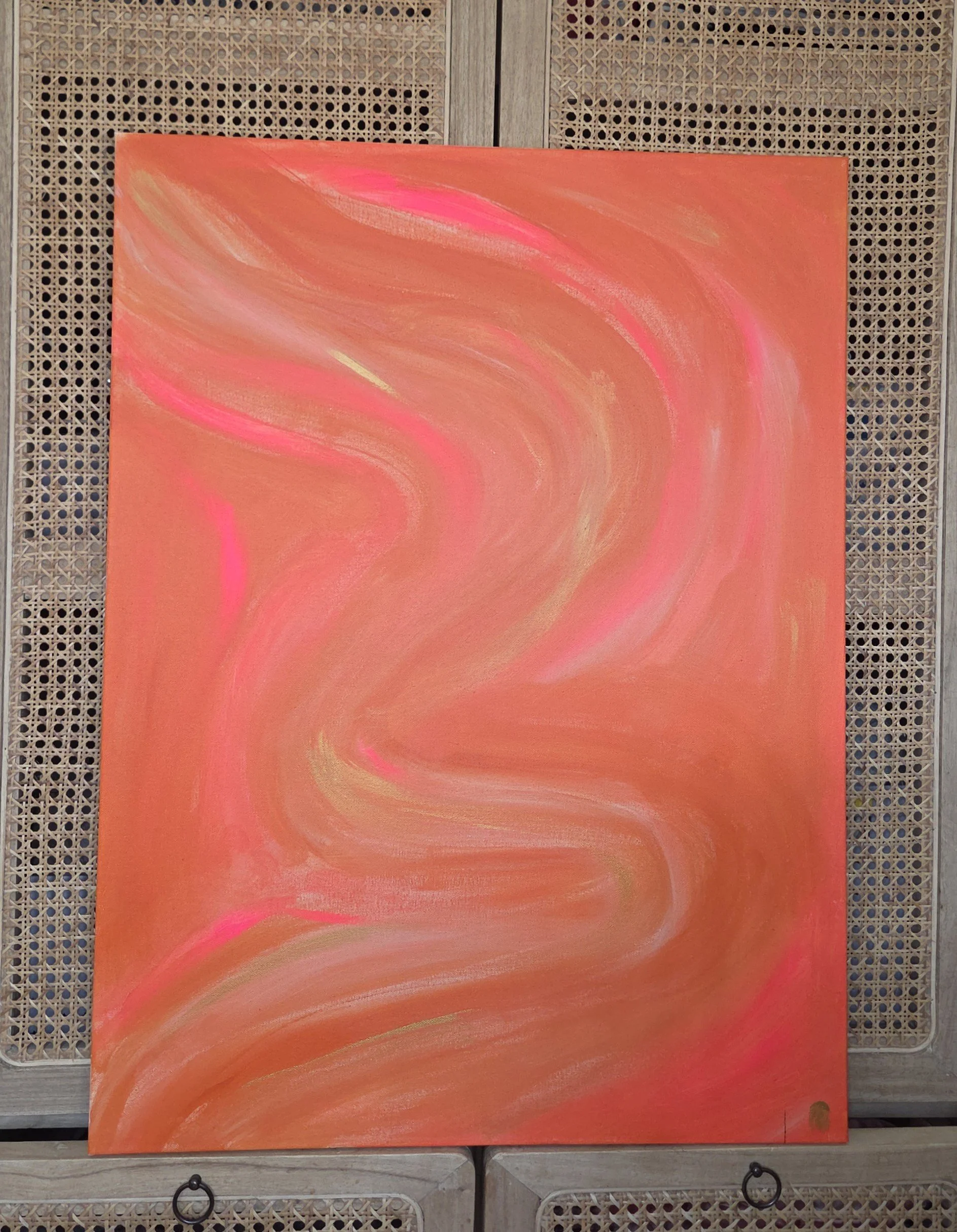 Neontavla-unik-konst-abstrakt-tavla-vag-neon-orange-rod-seos-konst-skane