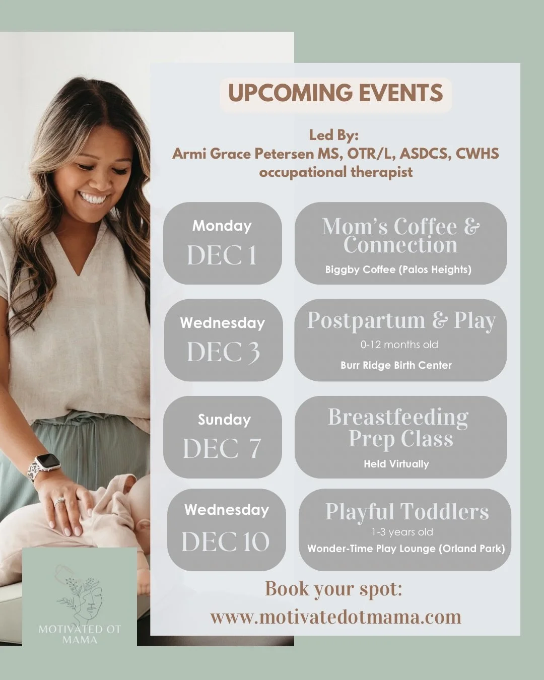 🗓️ December 2025 Events 

Here to hold the mom so she can hold her baby 🫶

Whether you are looking to meet some fellow moms or just need a reason to get out of the house, I&rsquo;d love to have you at a group! 

Also offering a Virtual Breastfeedin