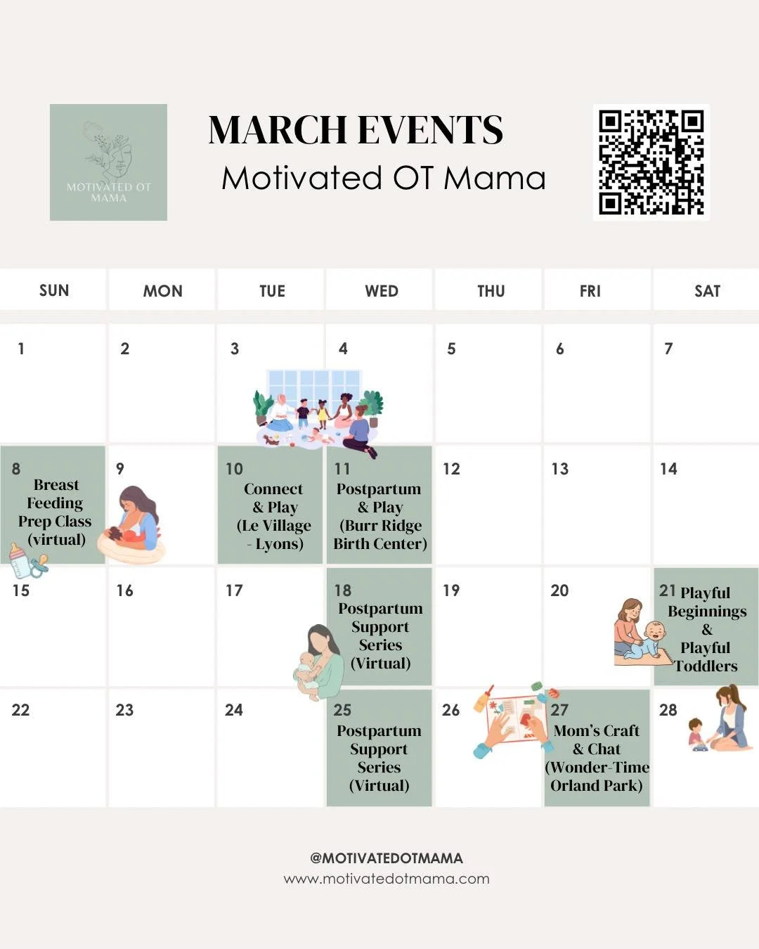 📆 March Events 

Another month to join a community group or a virtual class. 

🎉A new virtual offering this month &ldquo;Postpartum Support Series&rdquo;

Hope to see you at a group or please share with a mom that would benefit 🫶

All groups led b